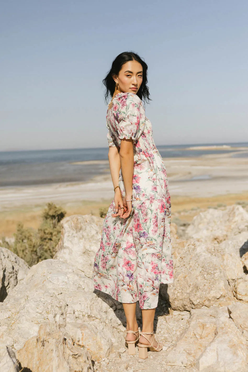 Luciana Floral Smocked Midi Dress for Women - Summer Boho Chic Style, Perfect for Beach Vacations, Garden Parties & Date Nights | Final Sale