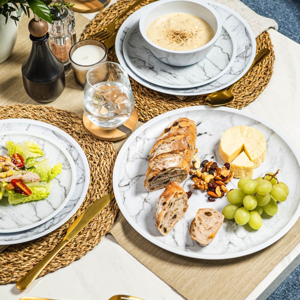 2-Piece Marble Melamine Round Platter Set - Black & White - Perfect for Serving Appetizers, Desserts, and Party Snacks