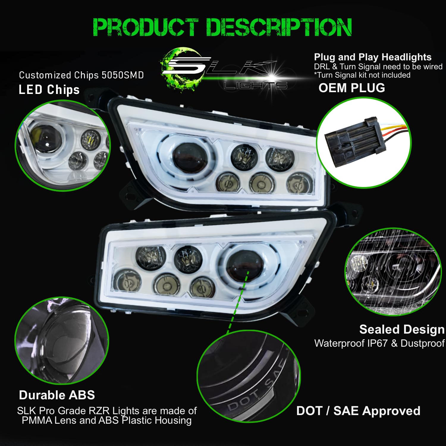 Premium RZR LED Headlights for Polaris General & RZR 900s/1000 XP Turbo (2015-2019) - Bright White Non-Halo Off-Road Lighting for Night Trail Riding & Dune Bashing