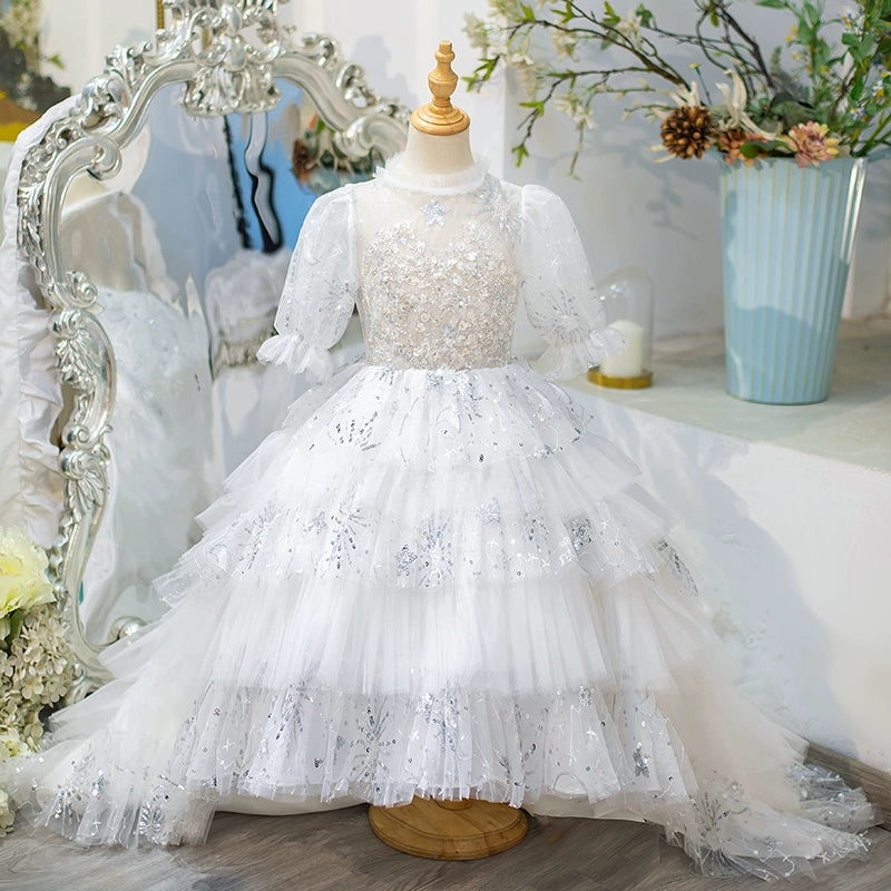 Elegant White Sequined Tutu Dress for Baby Girls - First Communion Dress for Toddlers - Perfect for Baptism, Christening, and Special Occasions