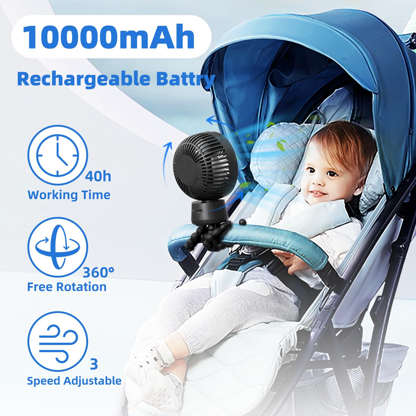 10000mAh Portable Stroller Fan with LED Light & Power Bank - 3-Speed Mini Clip On Fan, Removable Tripod for Travel, Camping, Golf Cart, Bed & Desk Use - Battery Operated Oscillating Fan for Baby Stroller & Outdoor Activities