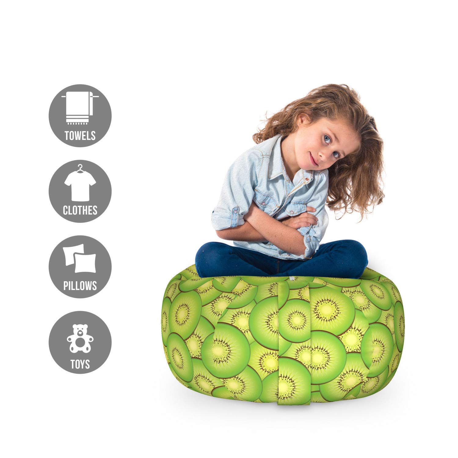 Ambesonne Kiwi Storage Toy Bag Chair - Washable Stuffed Animal Organizer with Exotic Fruit Slice Pattern, Small Size in Lime Green & Pastel Yellow | Kids Room Decor, Playroom Storage, Nursery Organization
