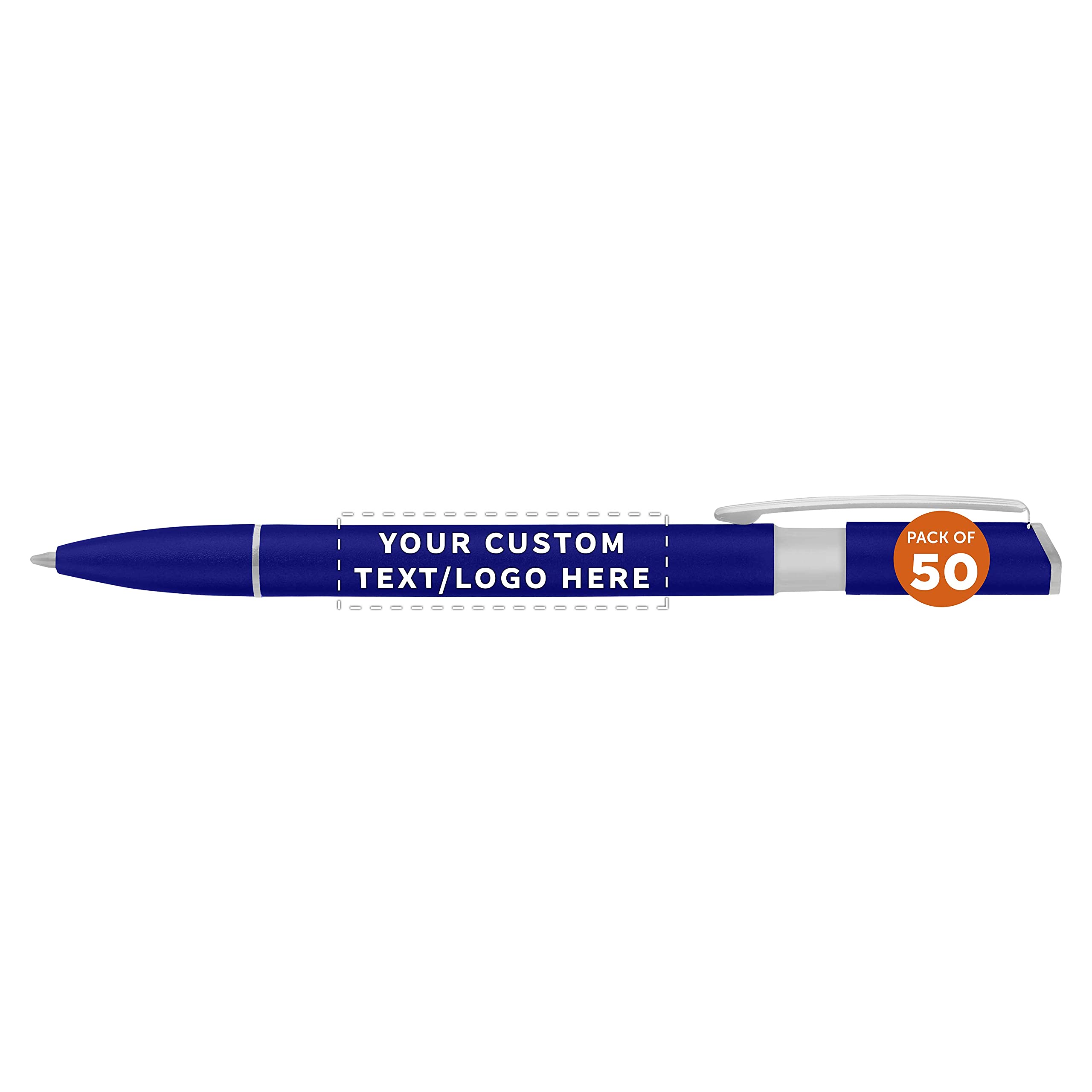 50 Pack Customizable Metal Business Pens with Engraved Text & Logo - Premium Silver Accent Click Ballpoint Pens for Office, Corporate Gifts & Promotional Events (Blue Ink)