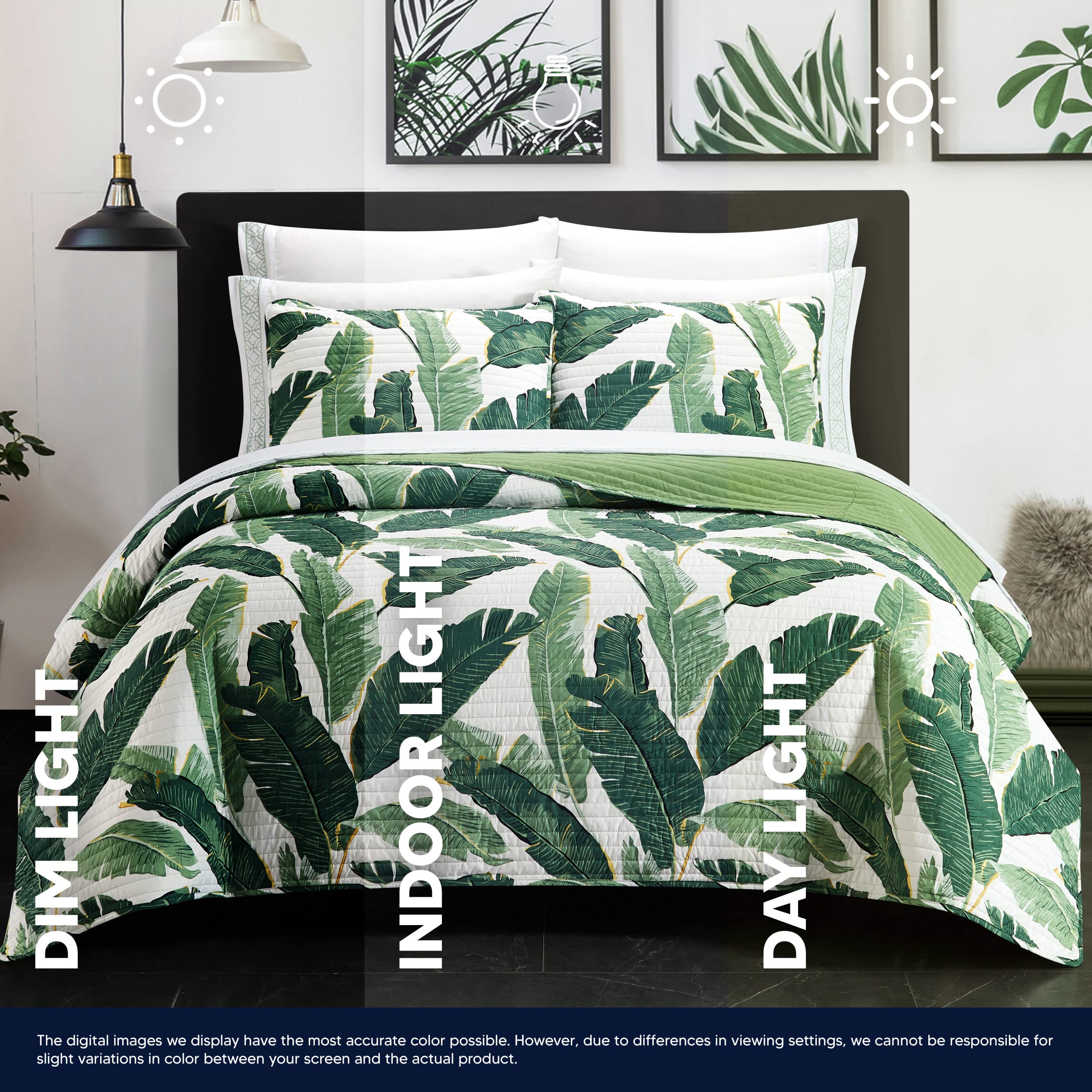 Stylish Palm Springs 9-Piece Quilt Set with Palm Tree Print - Includes Sheet Set & Decorative Pillow Shams, Queen Size, Green | Perfect for Beach-Themed Bedrooms & Vacation Home Decor