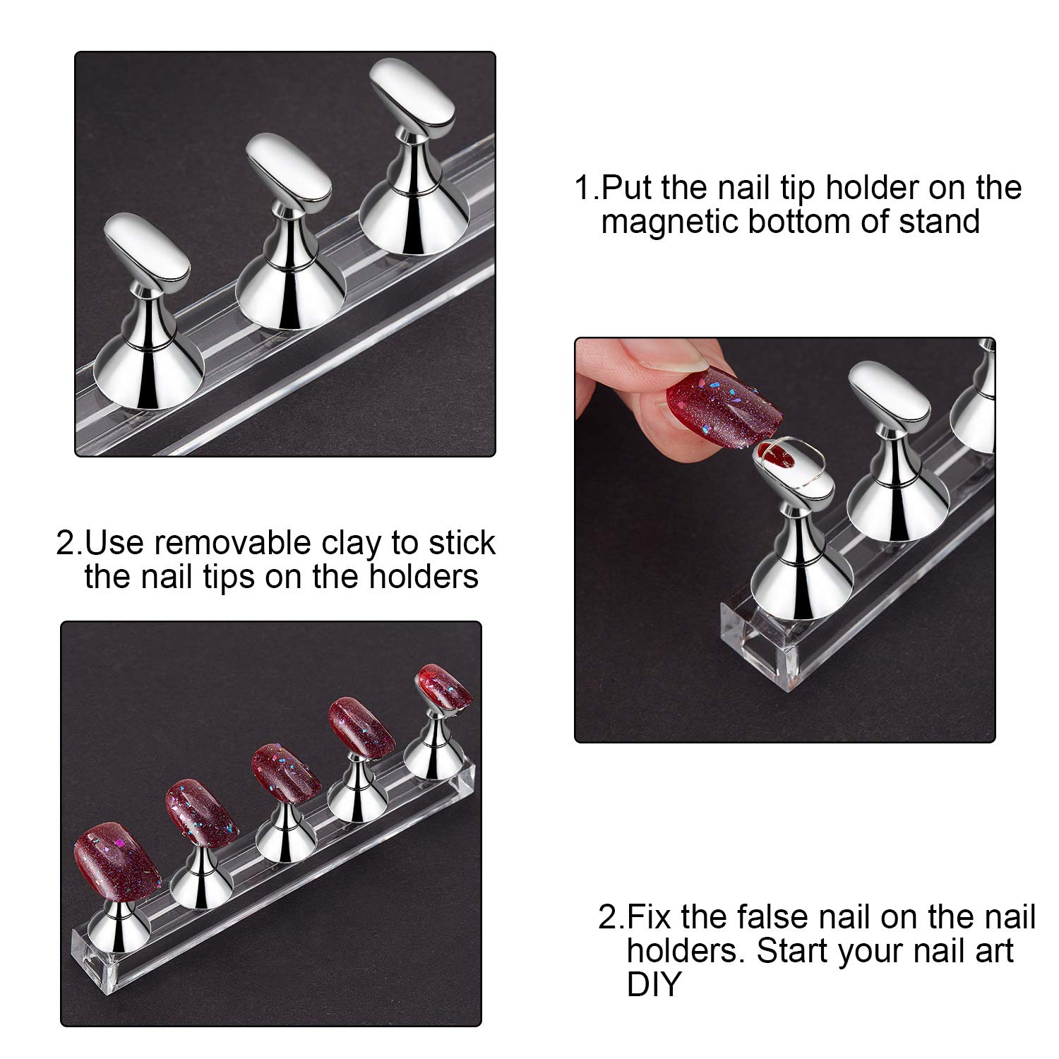 2 Sets Acrylic Nail Display Stand - Magnetic Nail Tip Practice Holder for DIY Manicure & Nail Art - Gold & Silver False Nail Practice Stand - Perfect for Salon Professionals & Home Nail Enthusiasts