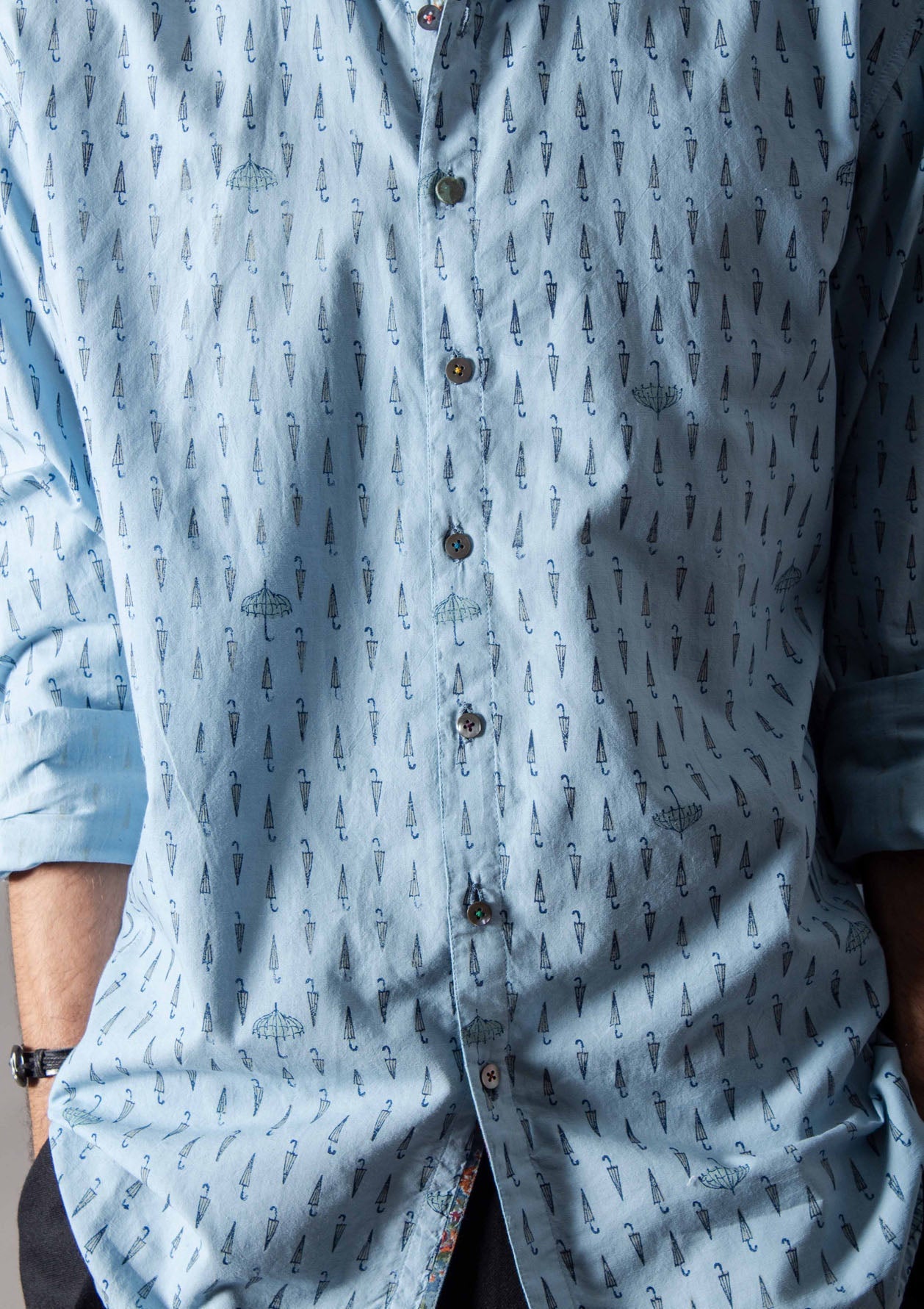 Classic Blue Handwoven Cotton Shirt Umbrella - Perfect for Outdoor Events, Weddings & Beach Trips