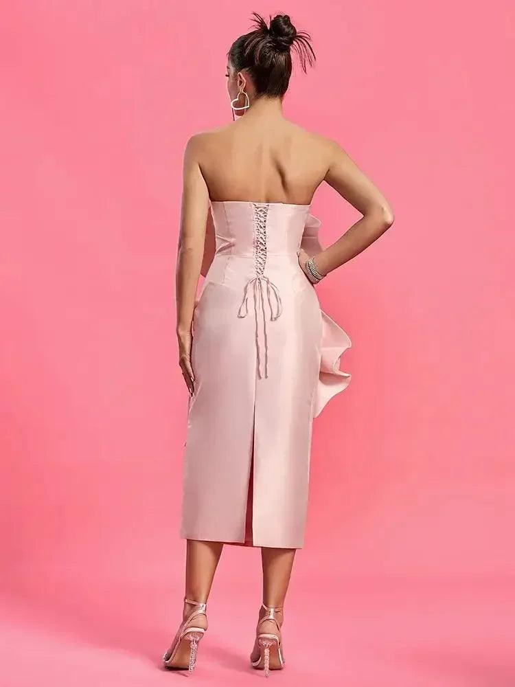Elegant Pink & White Strapless Midi Dress for Women - Sexy Tight Fit with 3D Flower Details | Celebrity Party Dress for Summer 2024 | Perfect for Cocktail Parties, Weddings & Date Nights