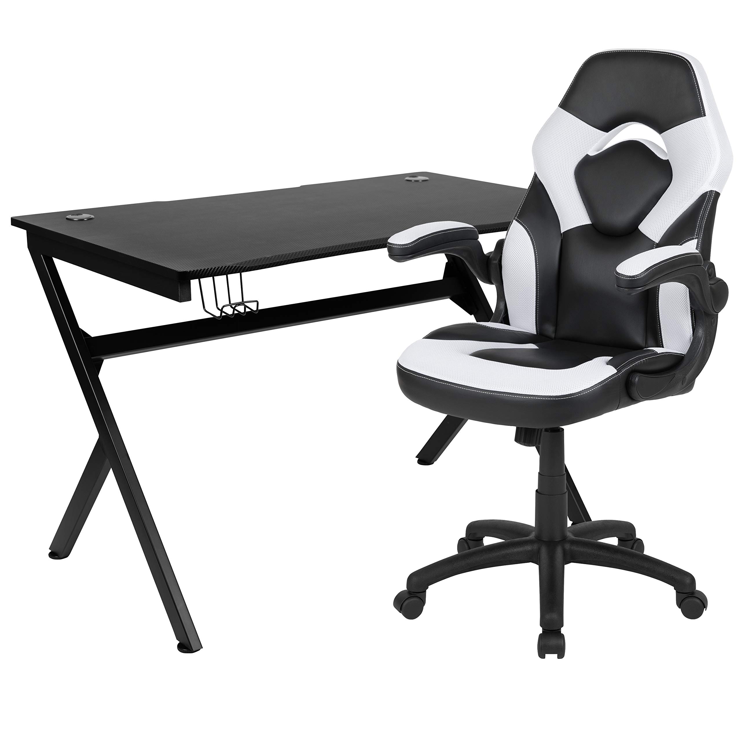 Flash Furniture Optis Black Gaming Desk and White/Black Racing Chair Set with Cup Holder, Headphone Hook & Wire Management - Ergonomic Computer Workstation for Home Office, Streaming & Esports Gaming Setup