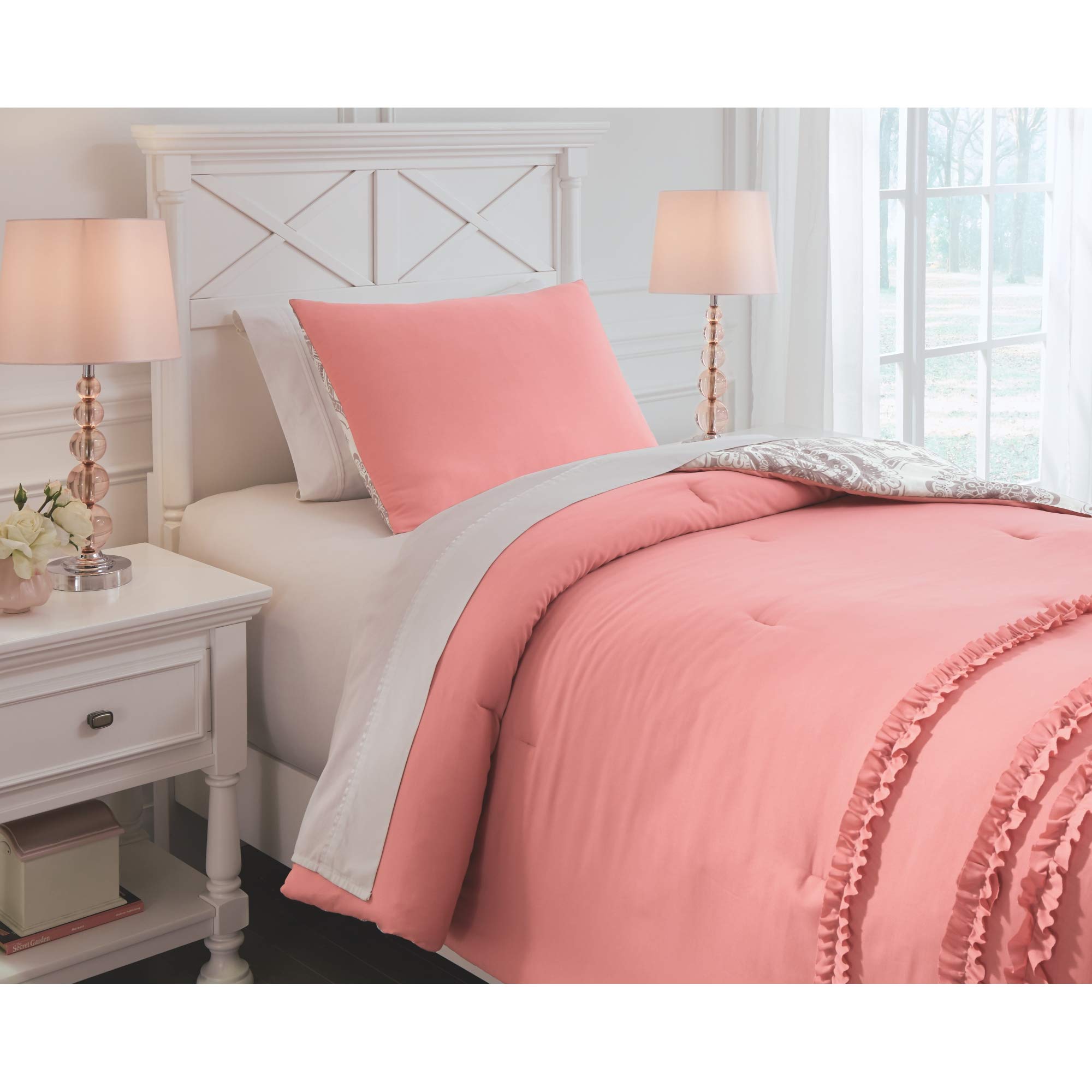 Signature Design by Ashley Avaleigh Reversible Twin Comforter Set - Contemporary Ruffle Striped Floral Pattern in Pink White & Gray | Perfect for Kids' Rooms, Guest Beds & Dorm Decor