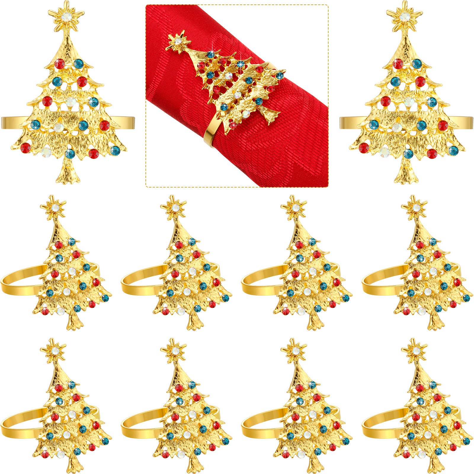 Outus Set of 12 Christmas Tree Metal Napkin Rings - Gold Xmas Holiday Dinner Decor for Christmas Party, Wedding & Festive Table Settings