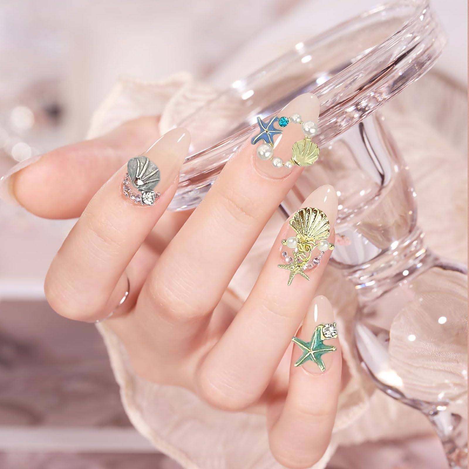 32PCS 3D Summer Beach Nail Art Charms - Rhinestones, Shells, Starfish & Fishtail Alloy Studs for Ocean Theme Manicure | DIY Nail Decoration Supplies for Summer Vacation, Beach Party & Nail Salon Designs