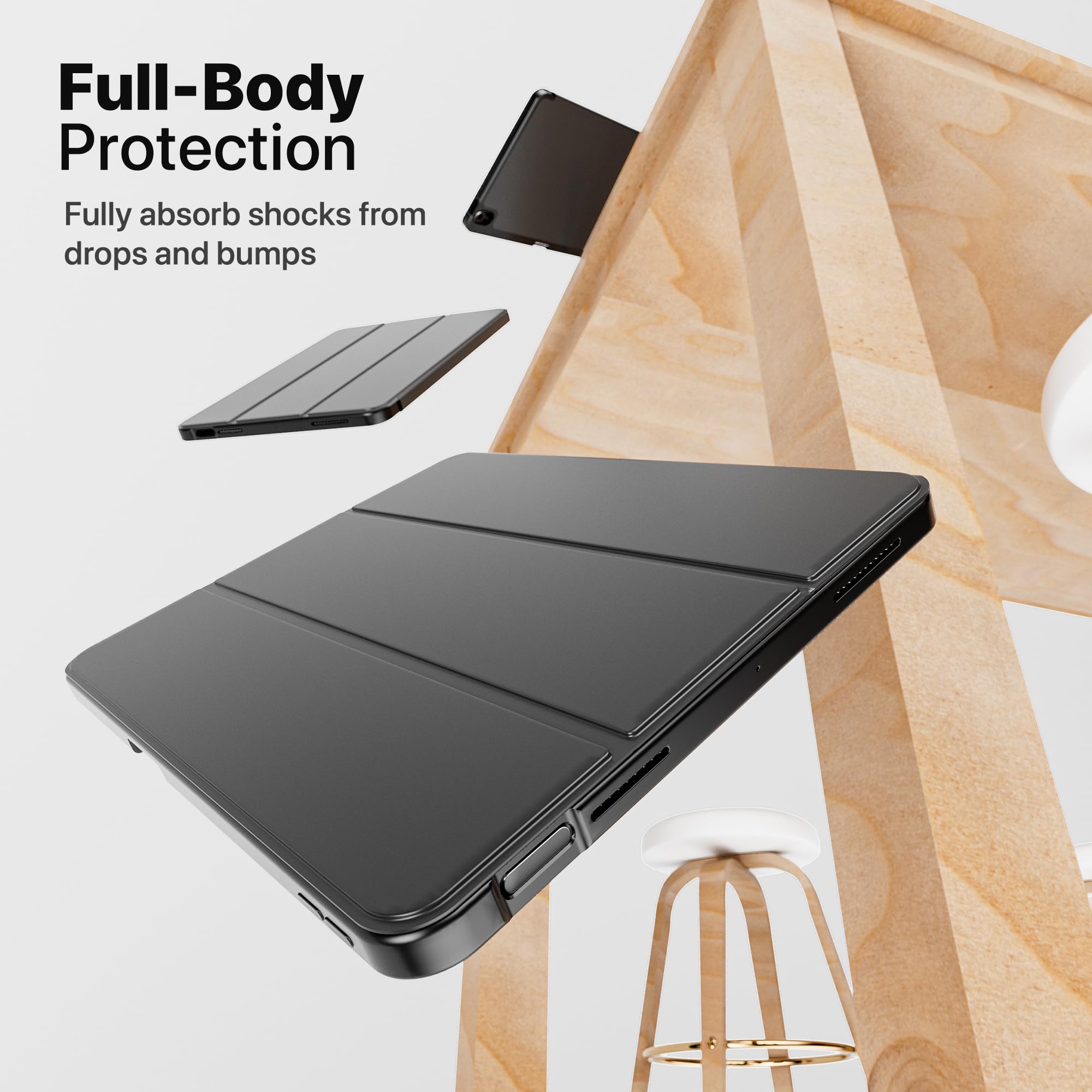 VAKS iPad Air 6th/5th/4th Generation Case 11 inch & 10.9 inch (2024/M2/2022/2020 Model) - Trifold Stand Smart Cover with Auto Wake/Sleep & Pencil Holder, Soft TPU Back Protective Case (Black) - Perfect for Work, Study & Travel