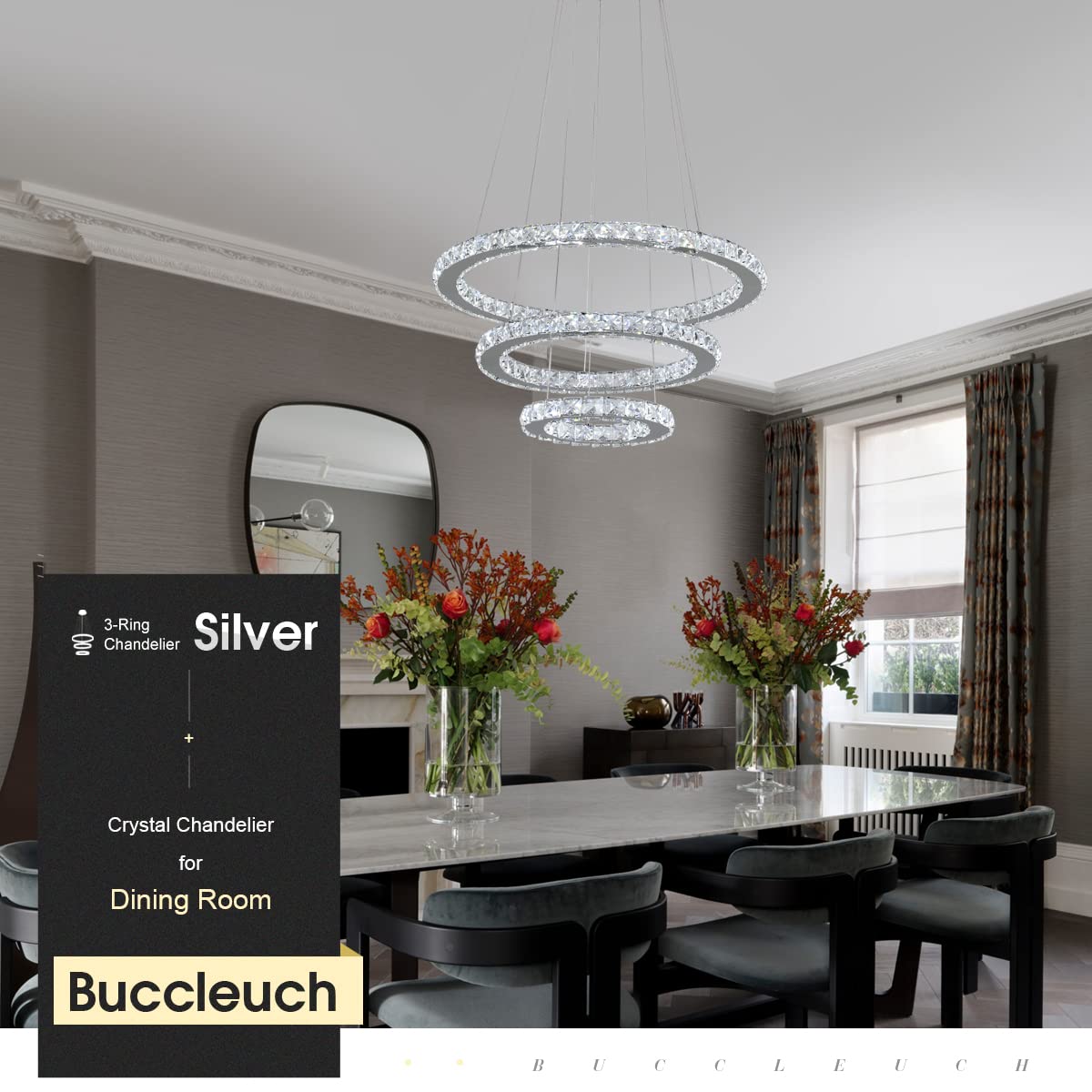 Buccleuch Modern Crystal Chandelier - Dimmable LED Pendant Light with 3-Ring Adjustable Stainless Steel Design | Silver Dining Room Chandelier for Bedroom & Living Room Lighting | ETL Certified for Home & Office Decor