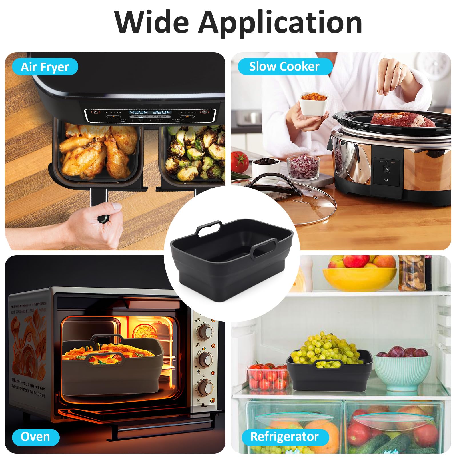 Ninja Foodi Dual DZ090 6QT Air Fryer Silicone Liners - 2 Pack Reusable Non-Stick Basket Bowl & Collapsible Baking Tray - Perfect for Healthy Frying, Roasting & Baking Accessories (Black)