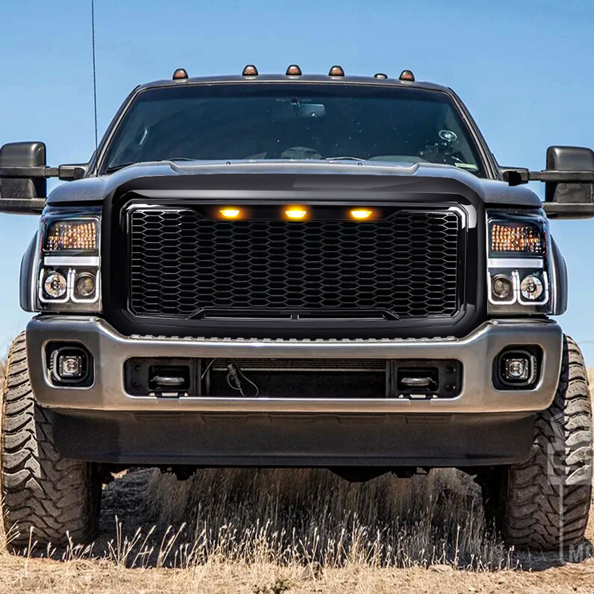 Ford F250 F350 F450 F550 Super Duty 2011-2016 Raptor Style Front Grille with Amber LED Lights - Glossy Black | Off-Road Upgrade & Truck Customization Accessory