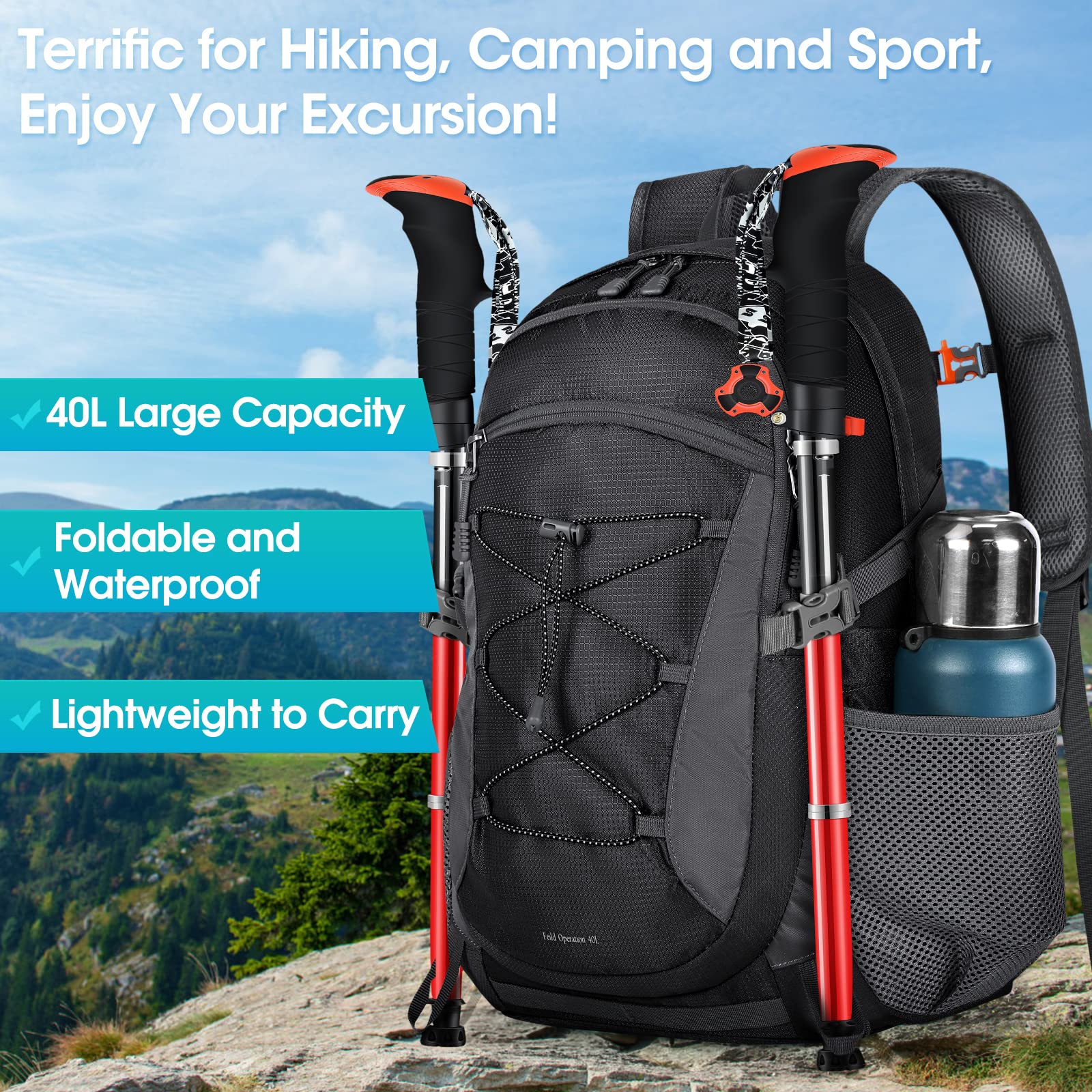 RAINSMORE 40L Waterproof Hiking Backpack - Lightweight Packable Camping Backpack for Men & Women - Perfect for Outdoor Travel, Hiking, Camping & Day Trips