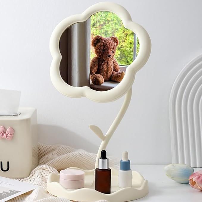 7Seas Sunflower Shaped Vanity Mirror with Jewelry Hooks - Portable Desktop & Wall Mount Makeup Mirror with Tray for Bedroom, Bathroom, Dressing Table - Perfect for Travel, Bridal Makeup & Home Decor