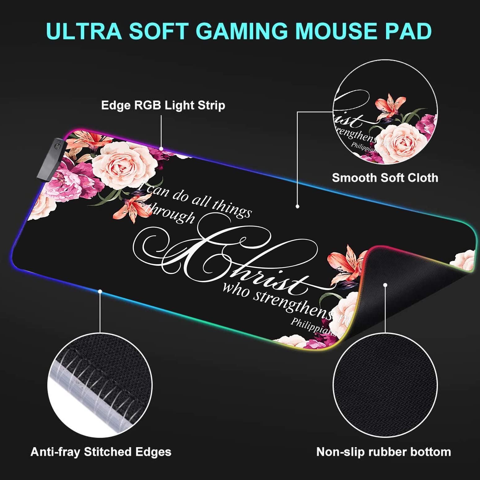 RGB Gaming Mouse Pad with LED Lights - Large Non-Slip Desk Mat for Keyboard & Mouse | Waterproof Optical Surface | Perfect for PC Gaming Setup | Features Philippians 4:13 Bible Verse & Peony Flower Design