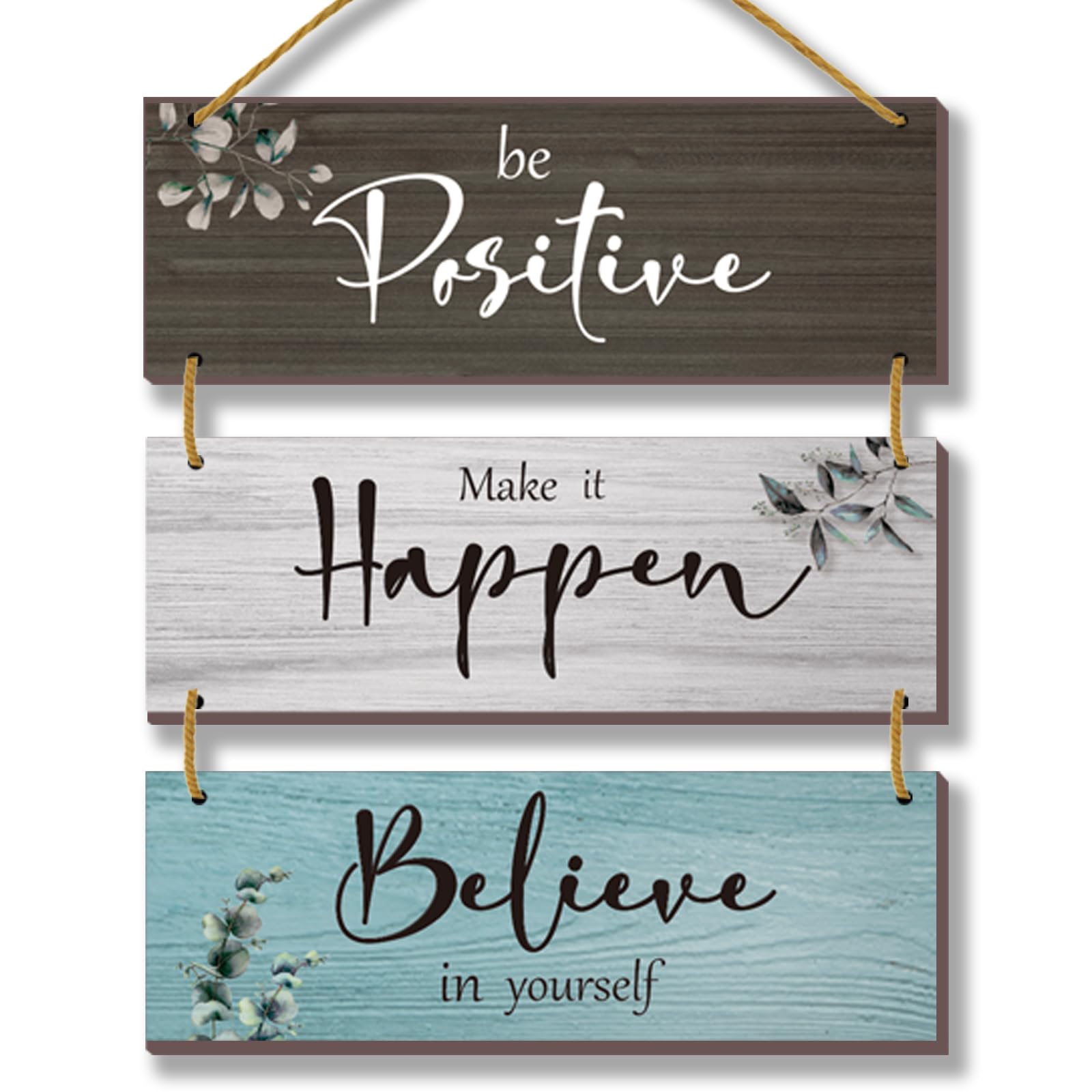 3 Pcs Rustic Wooden Motivational Wall Plaques with Inspirational Sayings - Farmhouse Office Decor for Home, Bathroom, Bedroom & Kitchen (12x4 Inch) - Perfect for Home Office Decor & Wall Art Gifts
