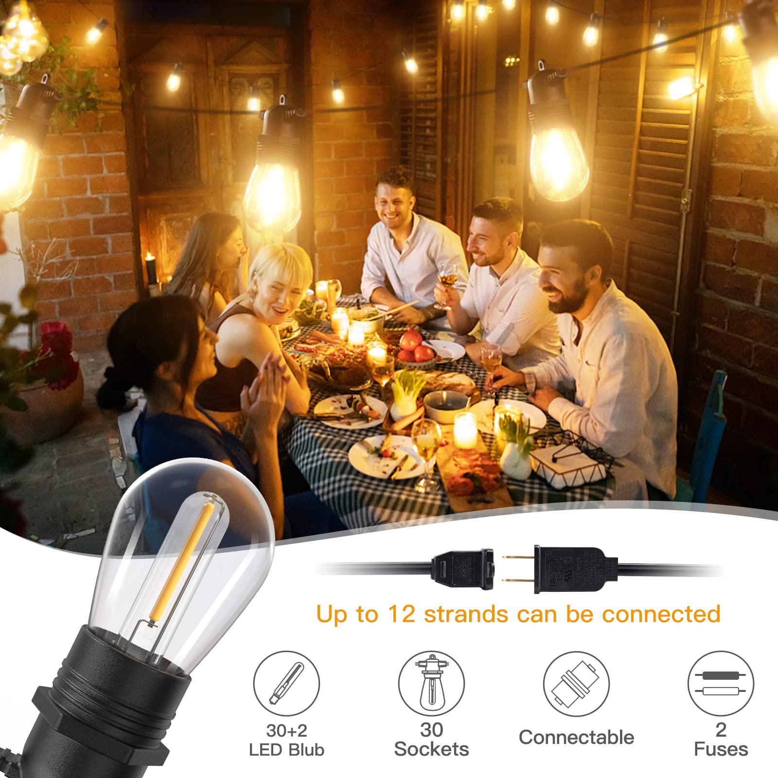 Novtech 101FT 30+2 Bulbs Outdoor String Lights - IP65 Waterproof LED Patio Lights for Gazebo, Backyard, Bistro, Cafe, Deck, Pergola, Balcony & Garden - Connectable Shatterproof Hanging Lights for Wedding, Party & Outdoor Decor (Warm White) - Perfect for Evening Gatherings, Romantic Dinners & Holiday Celebrations