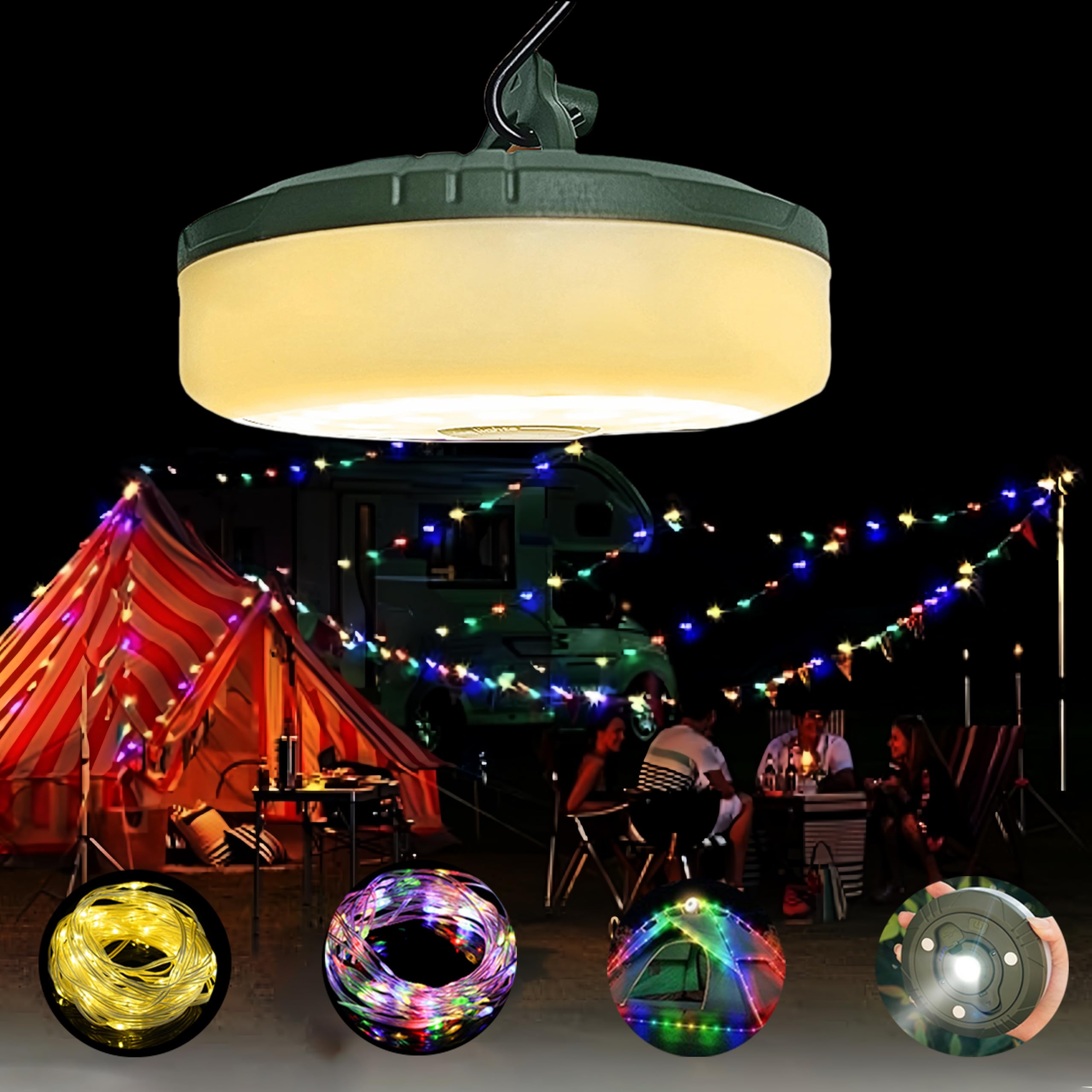 Clearhill 4-in-1 Camping String Lights with Lantern & Flashlight - 33ft USB Rechargeable Waterproof Outdoor Lights with 8 Modes (Warm White & Colorful) - Perfect for Camping, Backyard Parties, and Patio Decor