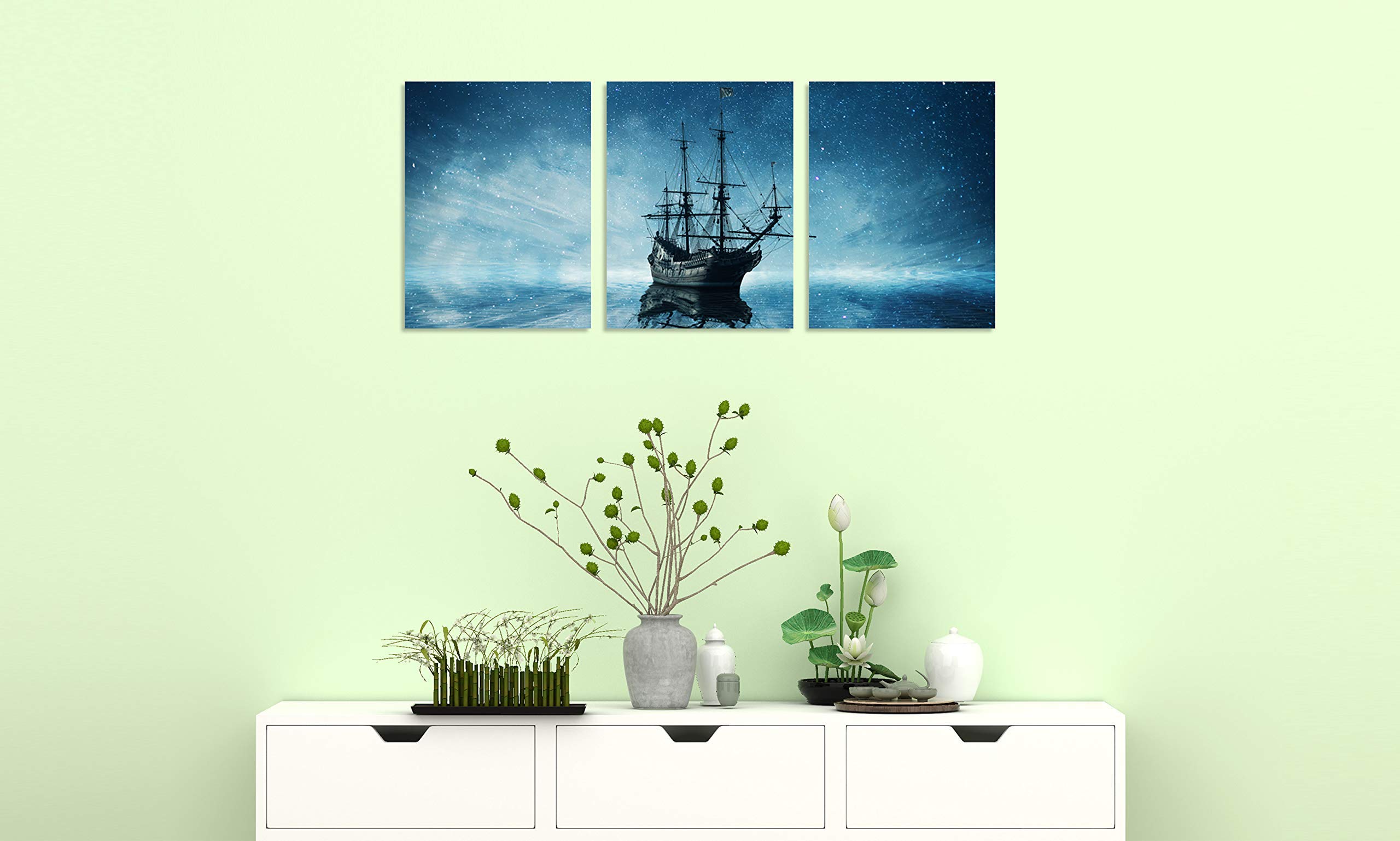 TutuBeer 3 Panel Pirate Ship Wall Art - Starry Night Sky Sailboat Painting on Canvas, Framed Pirate Decor for Living Room, Bedroom & Home - Perfect for Nautical Theme Rooms, Beach Houses & Pirate Lover Gifts