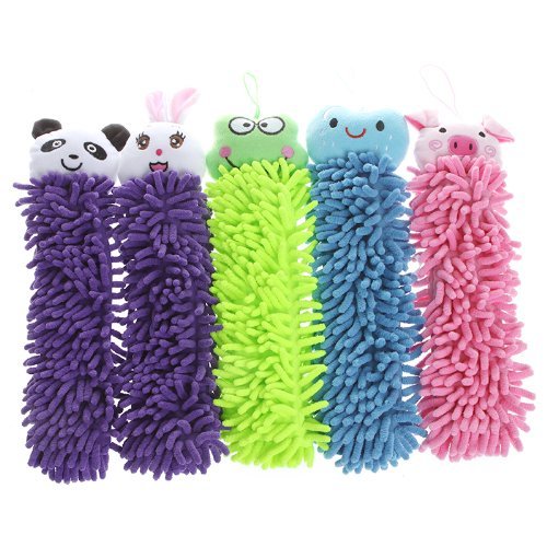 Soft Chenille Hand Towels with Hanging Loops - 5-Piece Microfiber Quick-Dry Towel Set for Kitchen, Bathroom & Kids - Cute Cartoon Animal Design - Perfect for Daily Hand Drying, Guest Bathrooms, and Nursery Decor