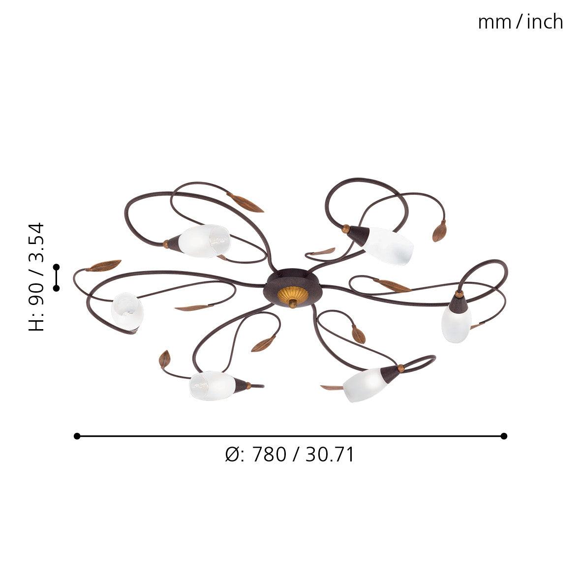 Eglo Gerbera 1 6-Light Flush Mount Ceiling Light Fixture with Gold & Brown Glass Shades - Perfect for Bedroom, Living Room, and Dining Room Lighting
