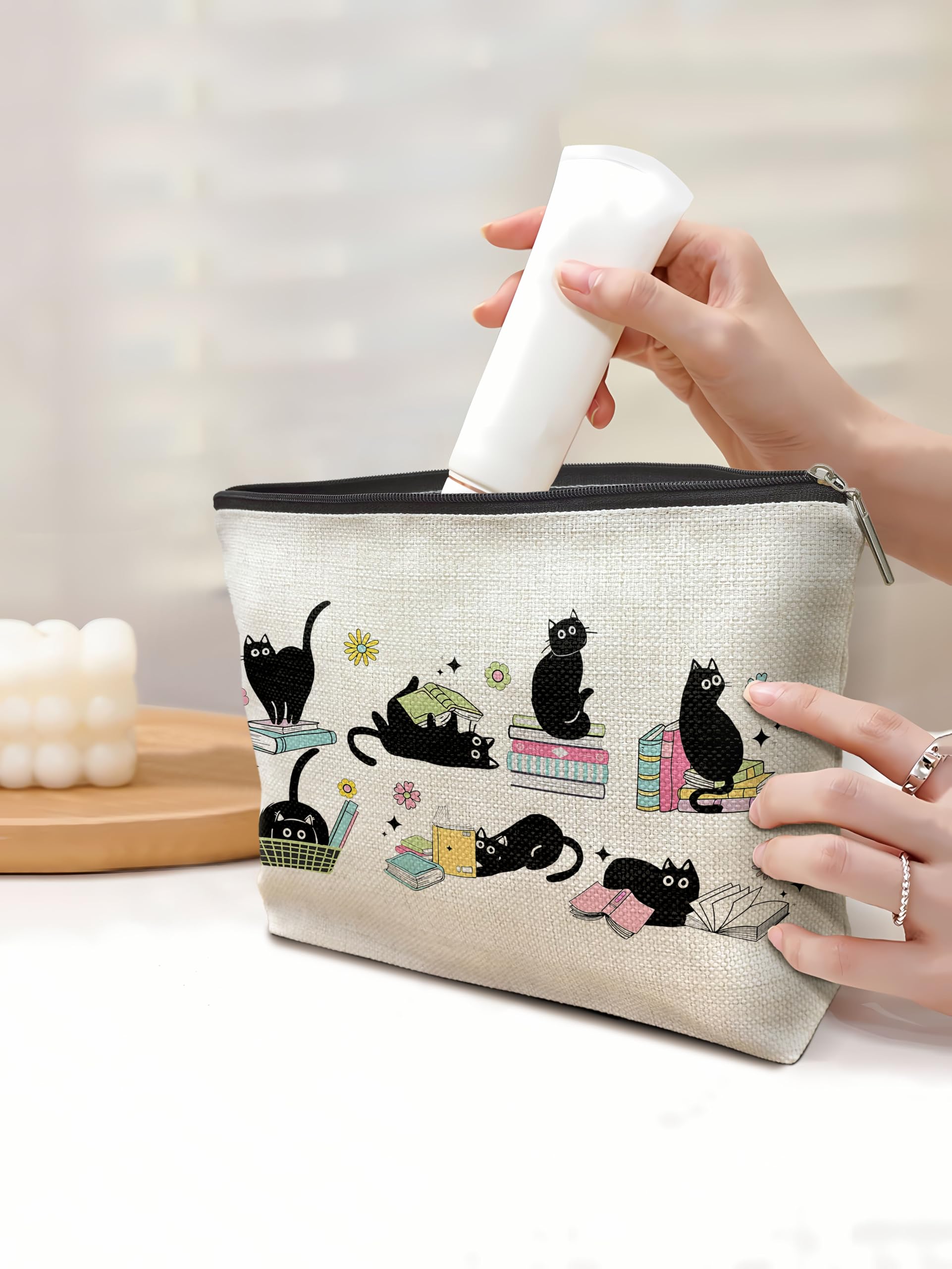 Black Cat Makeup Bag - Perfect Gift for Book Lovers & Cat Enthusiasts | Cute Cat Cosmetic Pouch for Women | Ideal for Travel, Daily Use & Book Club Meetings | Cat Themed Gifts for Readers & Cat Moms