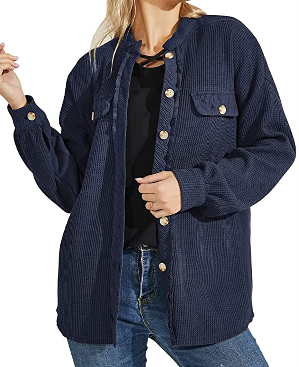 Loveimgs Women's Oversized Waffle Knit Corduroy Shacket - Long Sleeve Button Down Shirt Jacket for Fall | Casual Outfit, Layering Piece, Autumn Fashion Staple
