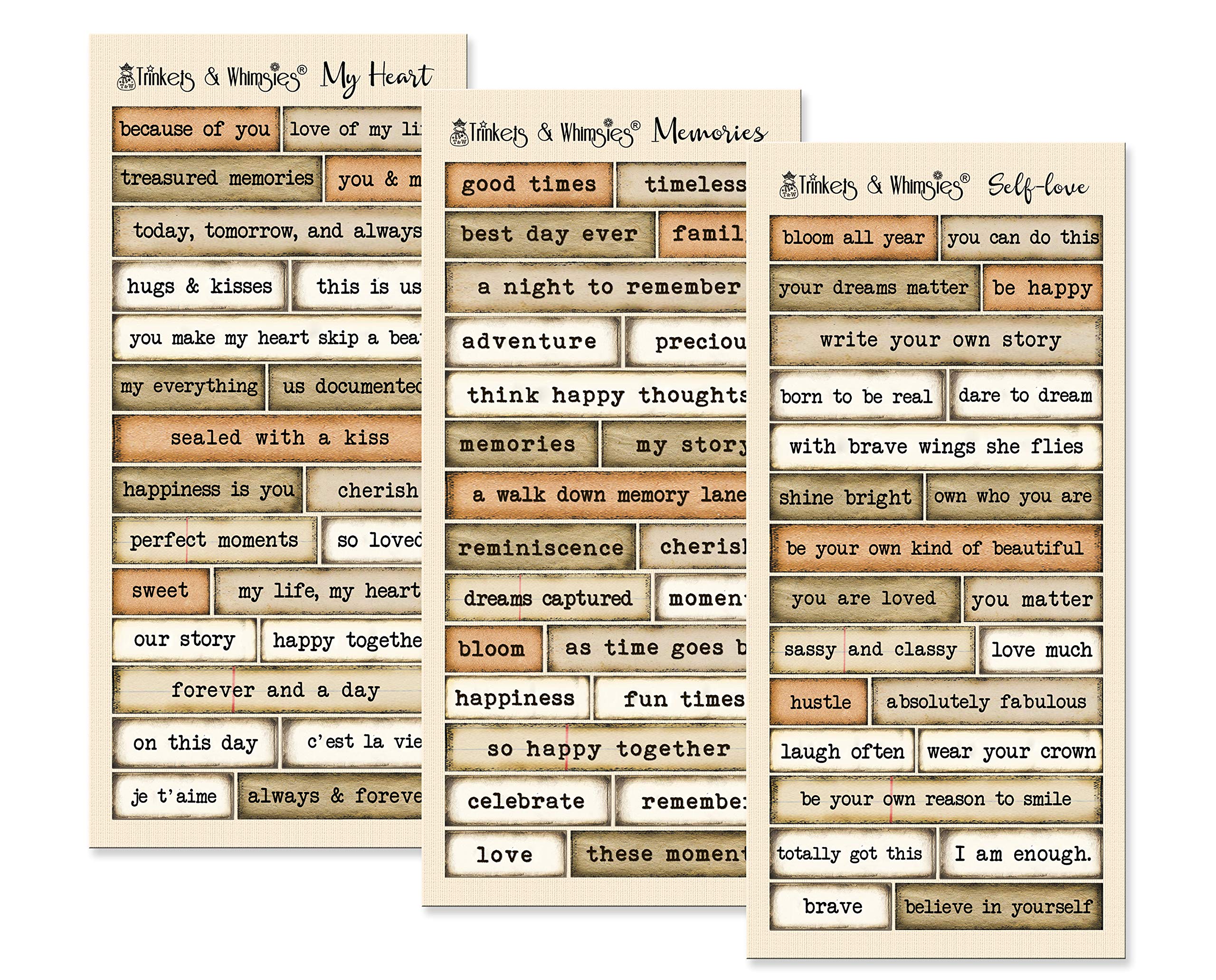 Inspirational Words and Phrases Stickers - Motivational Love Quotes & Vintage Decals for Journals, Scrapbooks, DIY Crafts (Memories, My Heart, Self-Love - Glossy Finish) - Perfect for Bullet Journals, Laptop Decoration & Gift Giving