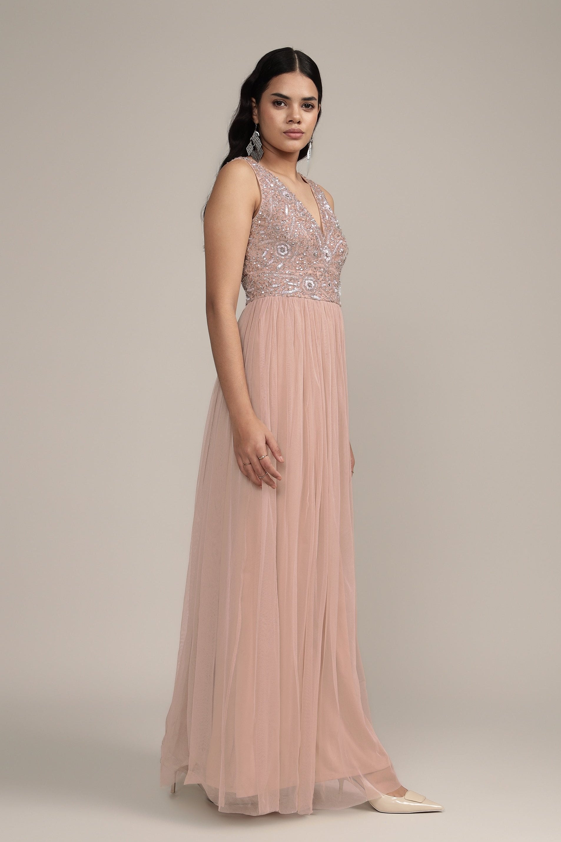 Addie Embellished Maxi Dress in Taupe - Elegant Boho Evening Gown for Weddings, Parties & Special Occasions