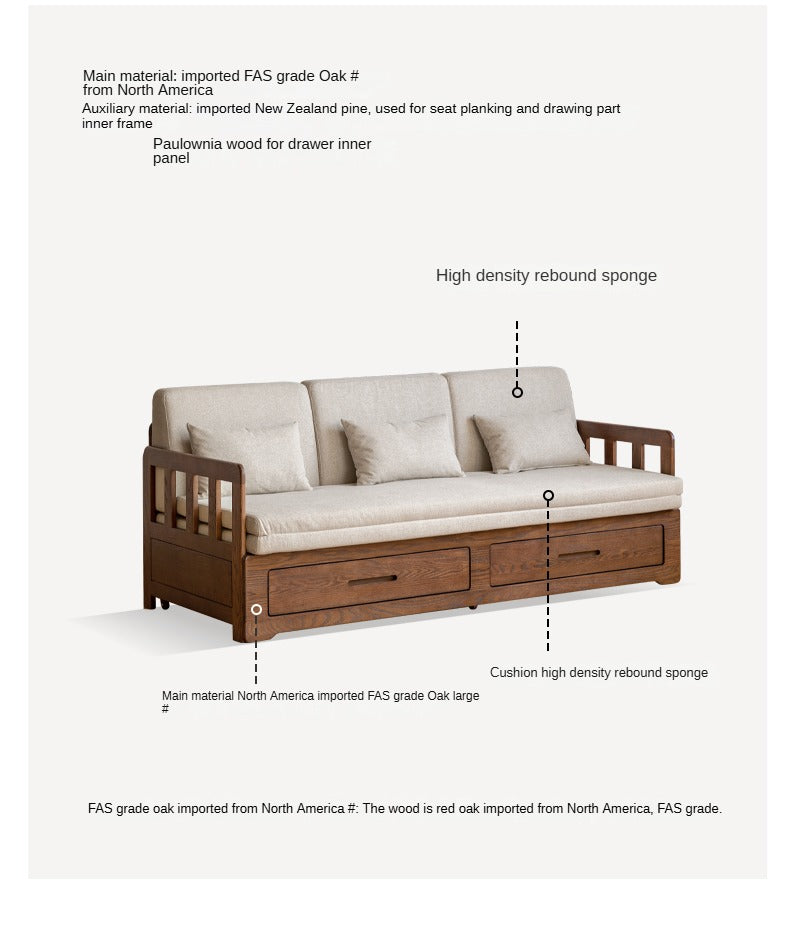 Solid Oak Wood Folding Sofa Bed with Storage | Convertible Guest Bed & Space-Saving Furniture for Small Apartments, Living Rooms & Home Offices