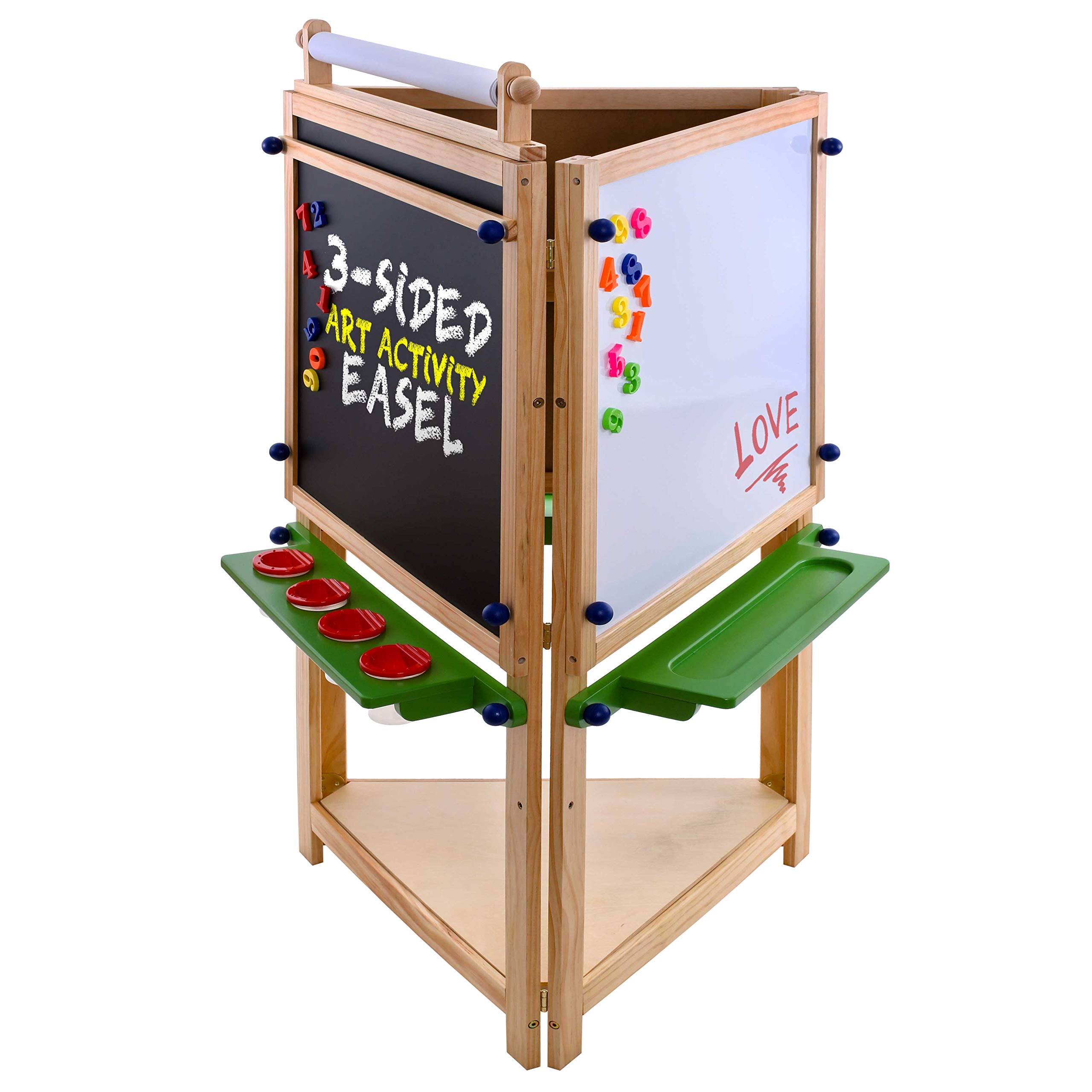 U.S. Art Supply Kids 3-Sided Adjustable Art Easel with Chalkboard, Large Paper Roll, Storage Shelf & Paint Cups - Perfect for Classroom, Homeschool & Creative Play
