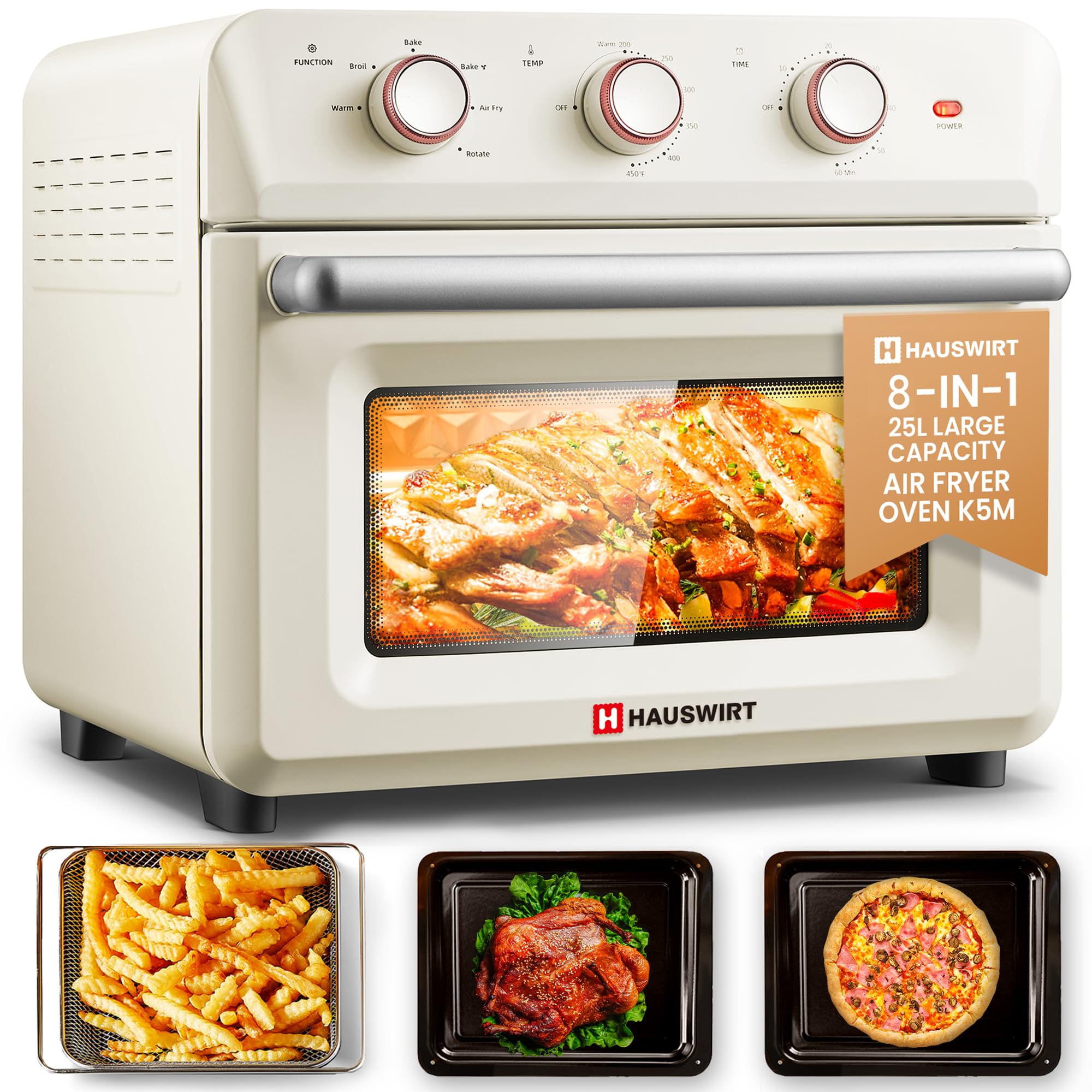 Hauswirt K5M 26.5QT Air Fryer Toaster Oven Combo with Rotisserie Kit - XL Large Retro Oven for 3-4 People, 6-Slice Toaster, 12