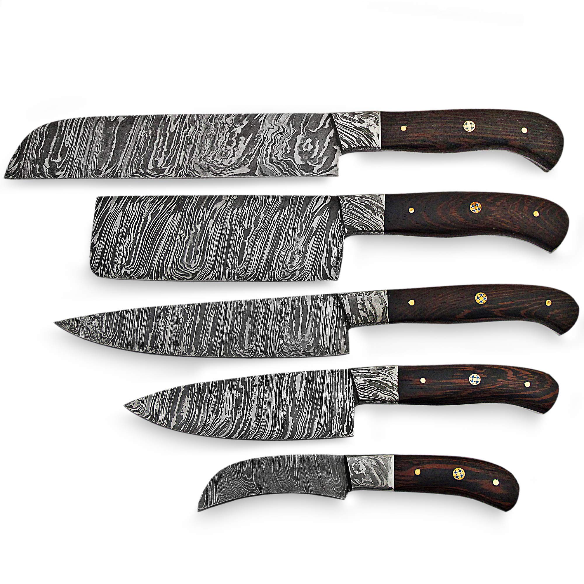 5-Piece Damascus Steel Kitchen Knives Set - Hand-Forged Chef Knives with Protective Sheath Bag - Professional Cooking Knife Set for Home & Restaurant Use - Perfect for Chopping, Slicing & Food Prep