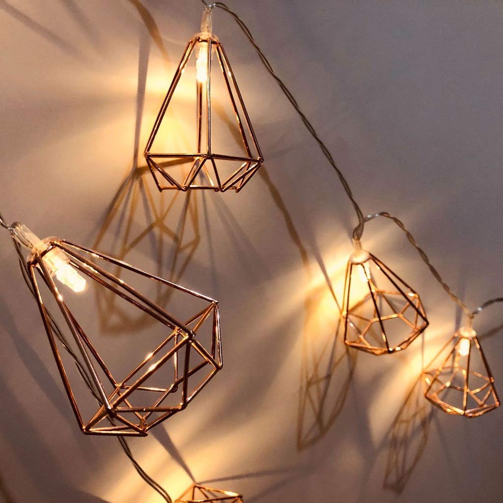 Rose Gold Metal String Lights - 10ft 20 LED Battery Powered Geometric Fairy Lights for Indoor Decor | Perfect for Christmas, Wedding, Party & Home Decoration (Polyhedral Design) - Create Cozy Ambiance in Bedroom, Patio or Special Events