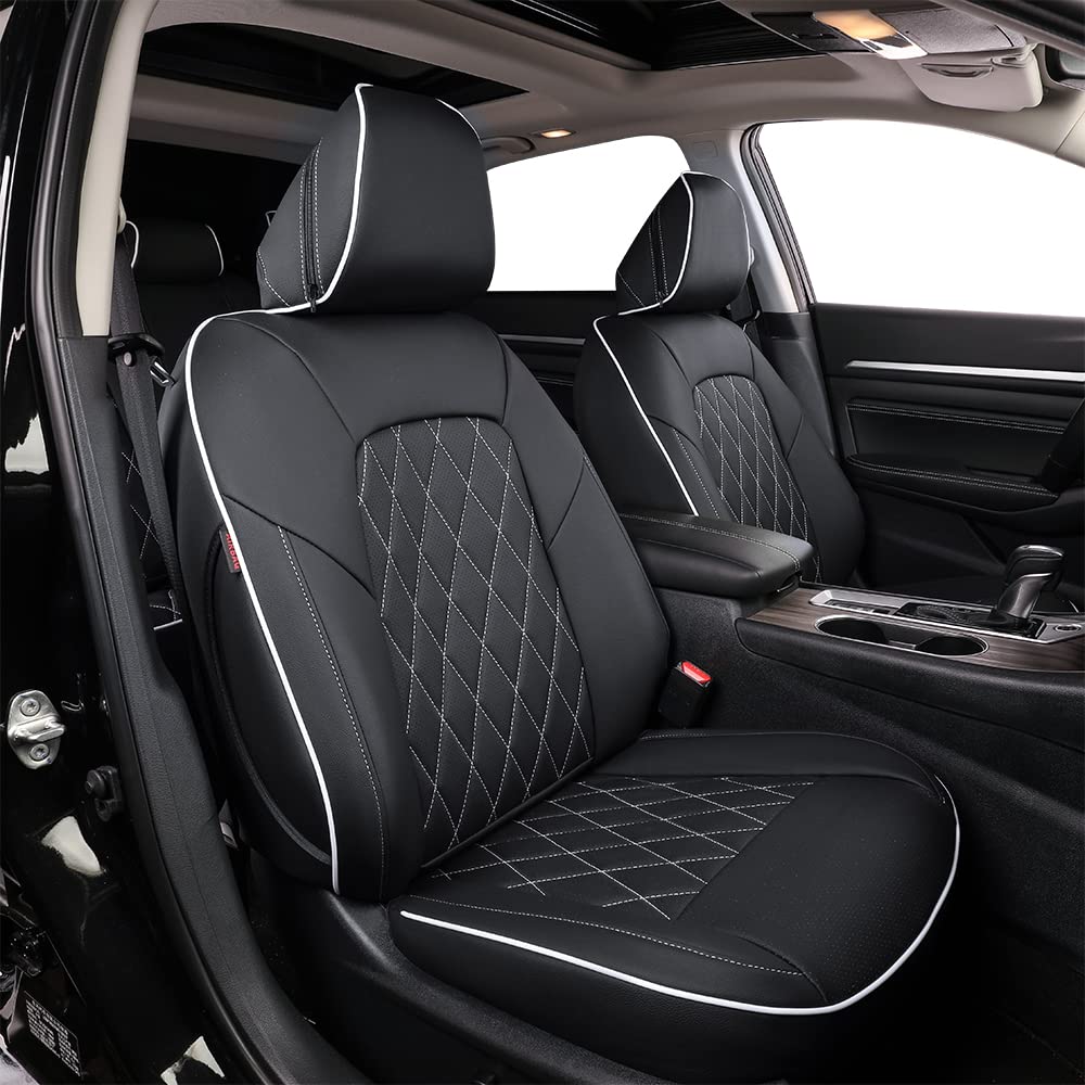 Premium Custom Fit Leather Seat Covers for Nissan Altima SV/S/SR/SL 2013-2018 Models - Full Set Rear Row with Non-Removable Headrest (Black with White Piping) | Durable Protection & Style Upgrade for Your Car Interior | Perfect for Daily Commute, Road Trips & Family Travel