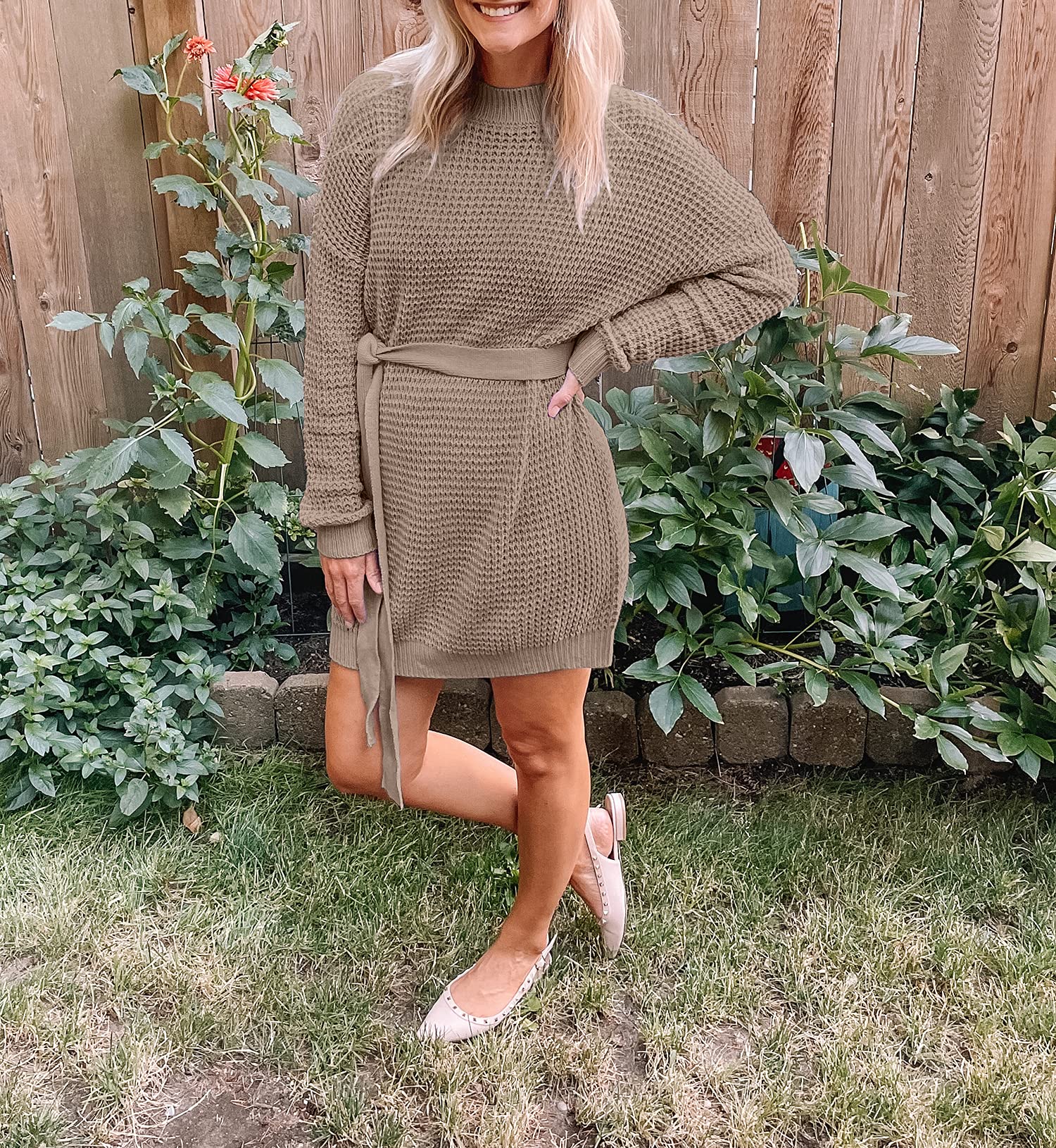ZESICA Women's Long Sleeve Waffle Knit Tie Waist Tunic Sweater Dress - Fall Winter Pullover for Casual Outings, Office Wear & Holiday Outfits