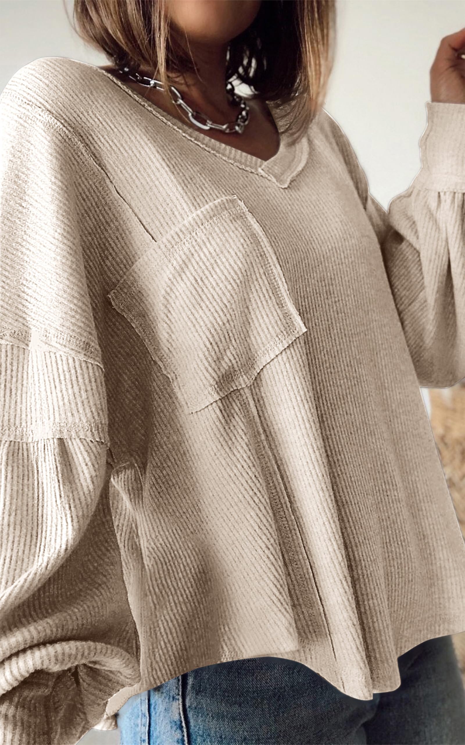 BTFBM Women's Ribbed Long Sleeve V-Neck Pullover Knit Top - Trendy Loose Fit Tunic Blouse for Spring & Summer 2025 - Casual Outfits, Layering Essentials, Office Wear & Weekend Style