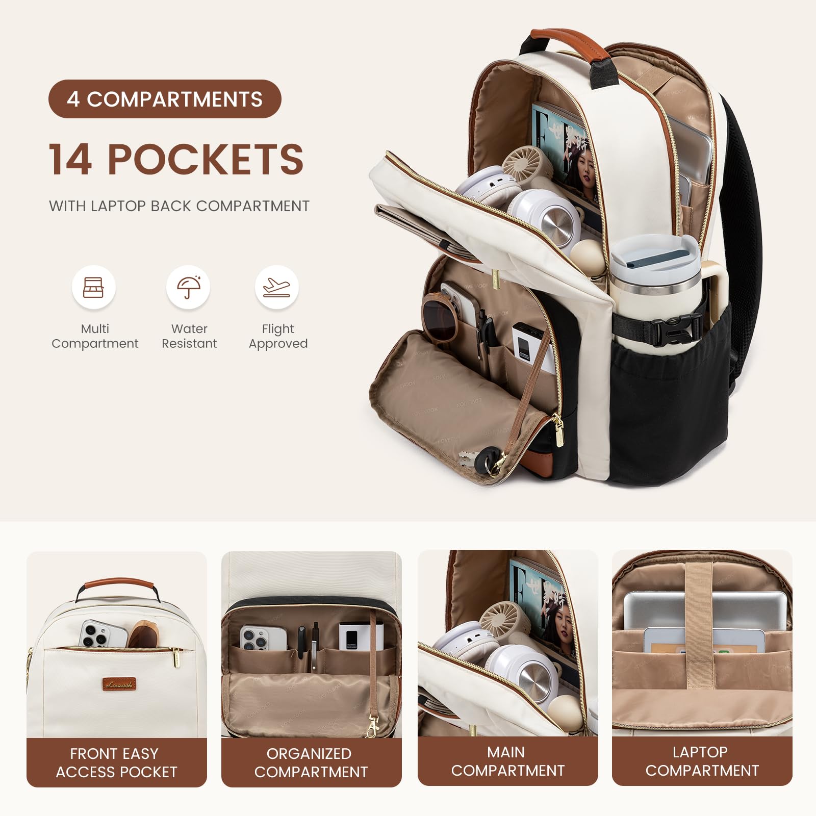 LOVEVOOK Women's 17 Inch Laptop Backpack - Large Capacity Waterproof Travel Computer Bag with Pouch Pocket for Cup - Business Work Backpack for College, Teacher & Office Use - Beige, Black & Brown Color Options