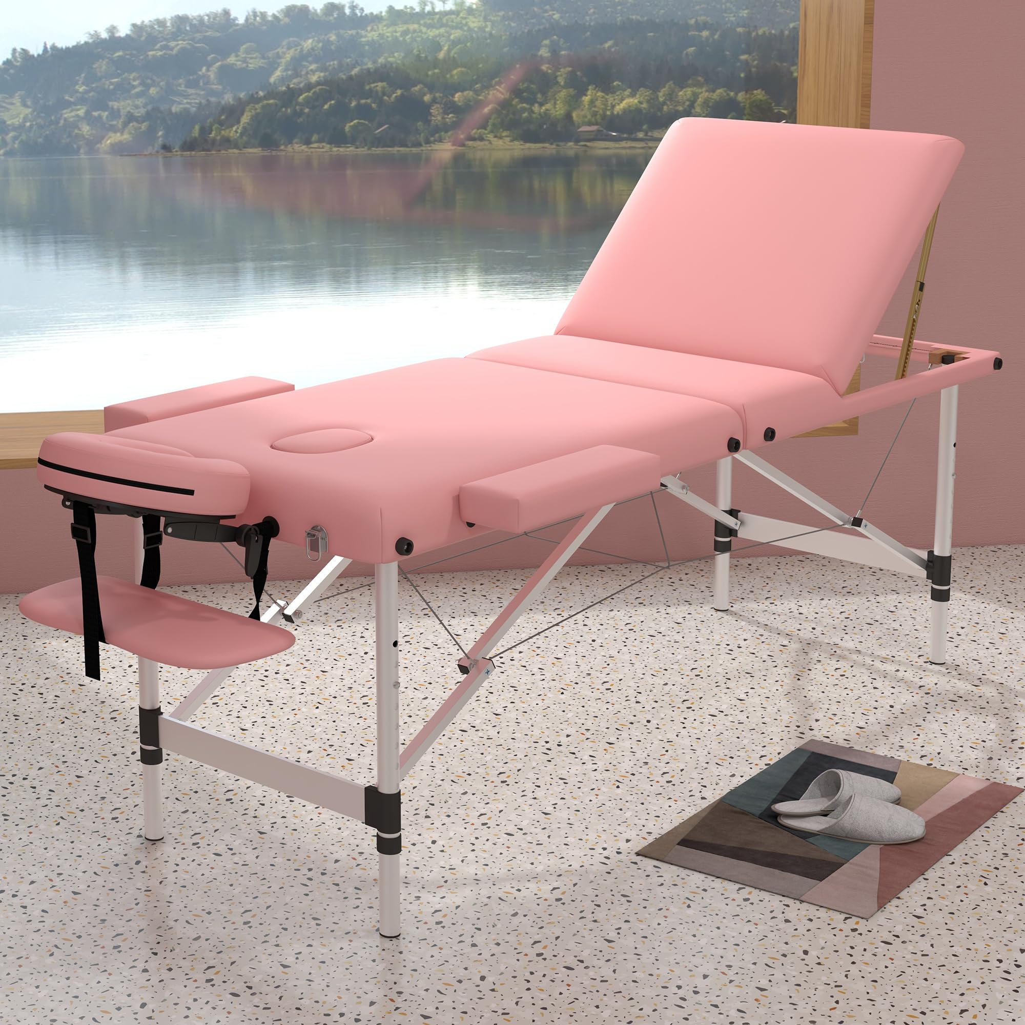 Portable 3-Section Foldable Massage Table - Adjustable Height Tattoo & Lash Spa Bed with Face Cradle - Lightweight Aluminum Frame Facial Salon Bed for Home Use (Light Pink) | Perfect for Professional Massage Therapists, Tattoo Artists & Home Spa Treatments