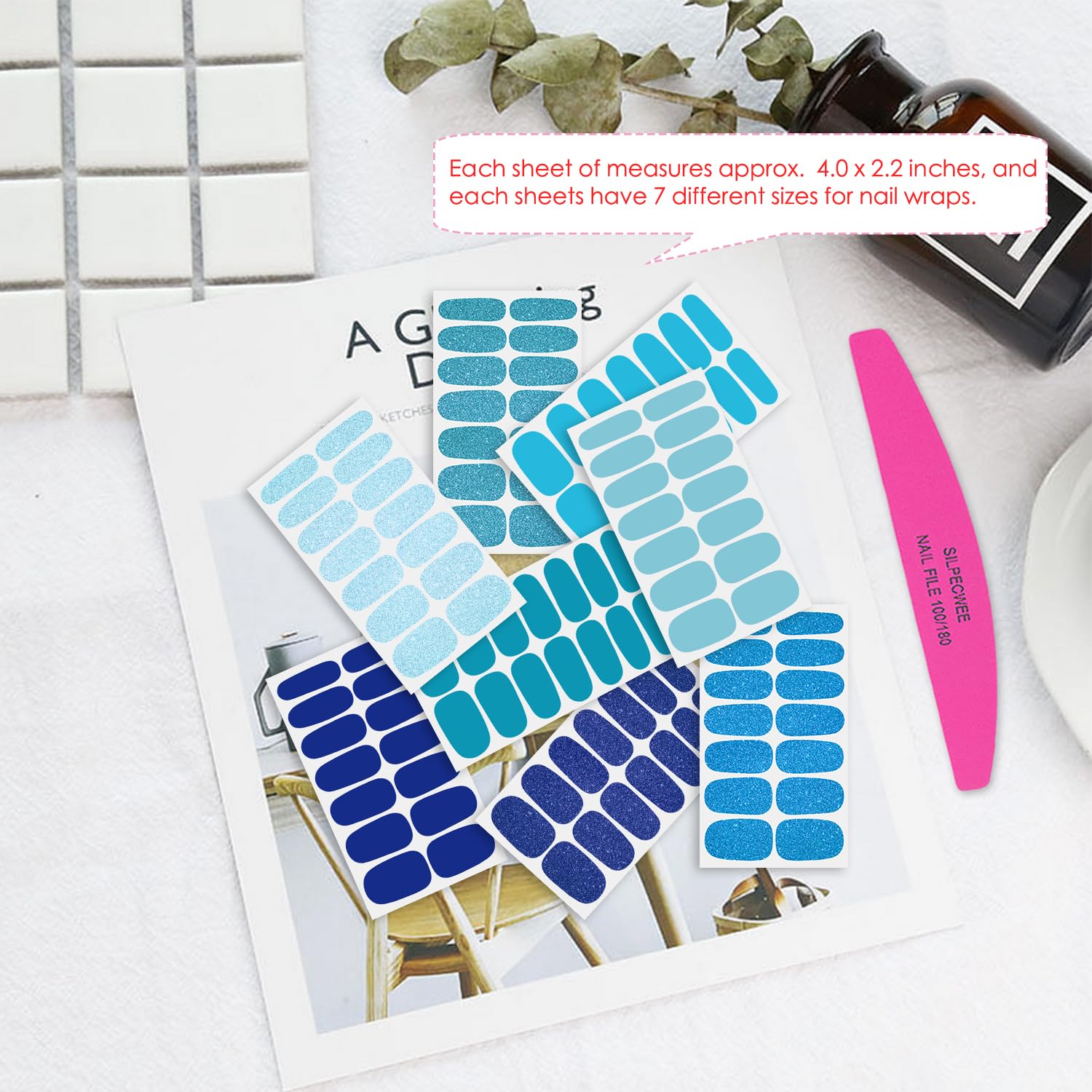 SILPECWEE 8 Sheets Blue Glitter Nail Wraps for Women - Self-Adhesive Gel Nail Polish Strips with Nail File | Easy Manicure at Home, Perfect for Parties, Weddings & Daily Nail Art Designs