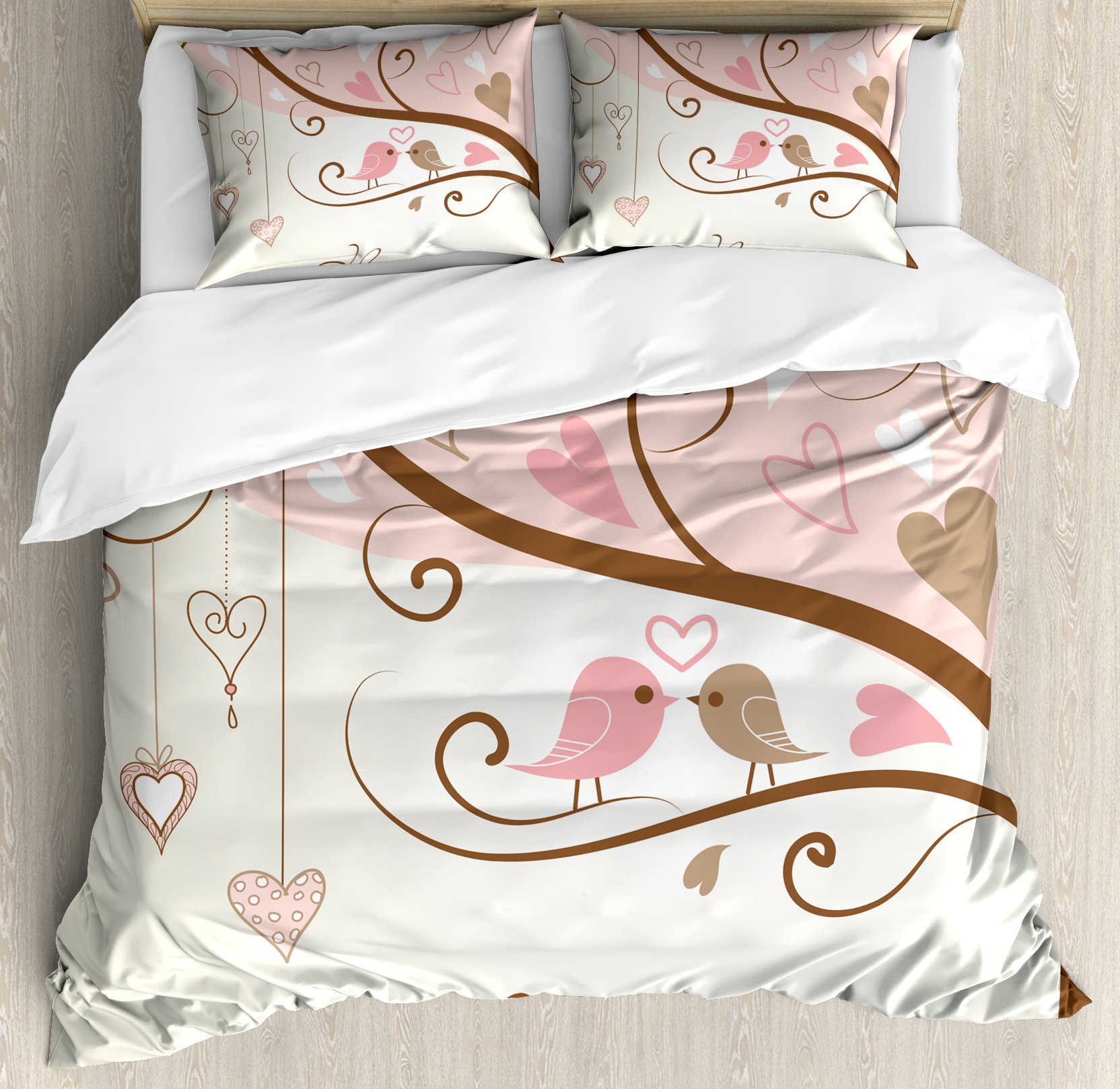 Ambesonne Love Duvet Cover Set - Abstract Heart Birds on Branch Nature Print, Romantic 3-Piece Queen Bedding Set with 2 Pillow Shams in Blush Brown Beige for Cozy Bedroom Decor & Nature-Inspired Home Styling