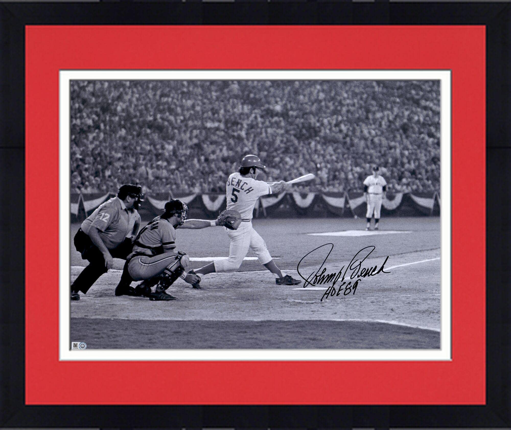 Authentic Johnny Bench Cincinnati Reds Autographed 16x20 Framed Baseball Photo with 'HOF 89' Inscription - Signed MLB Memorabilia for Sports Collectors & Man Cave Decor