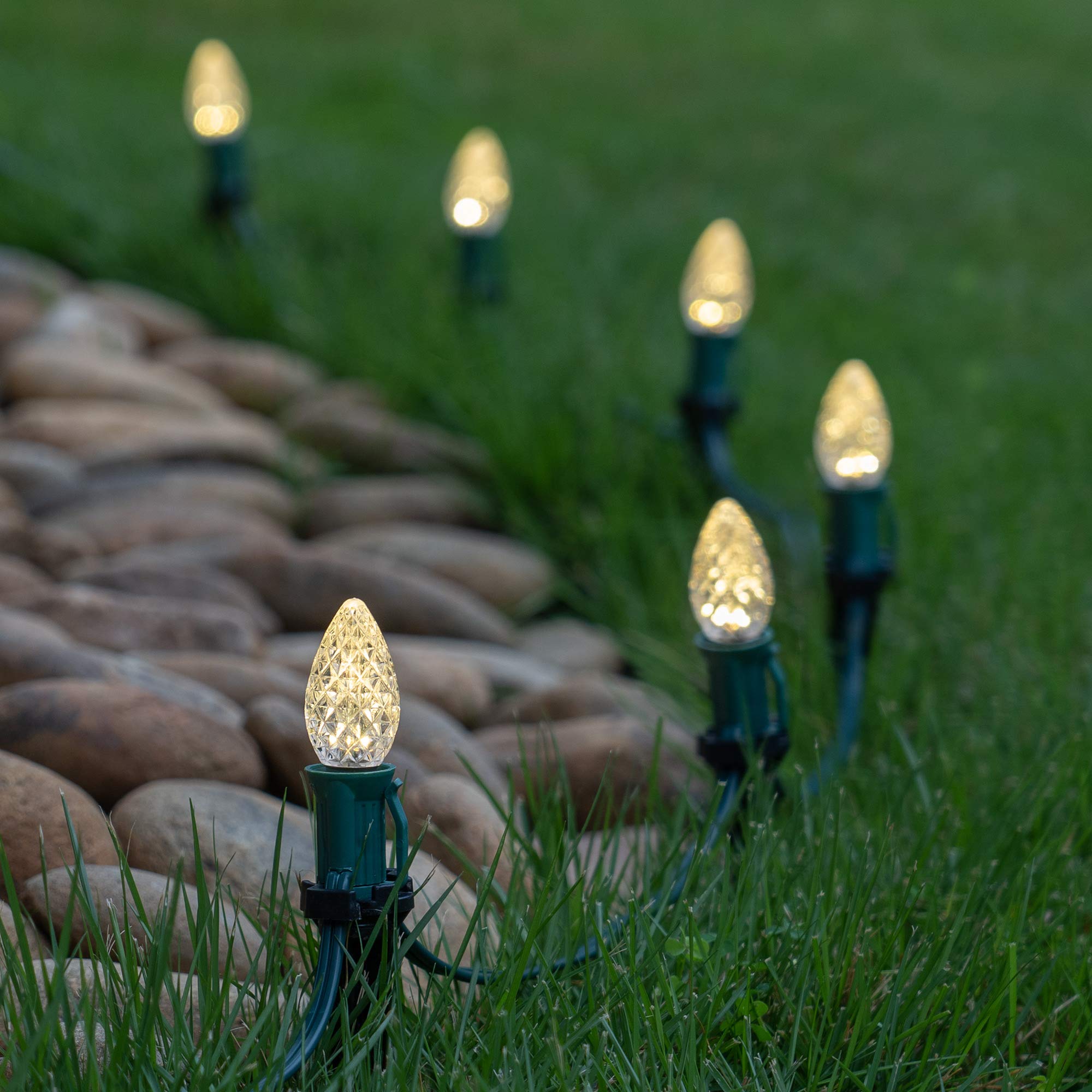 100’ OptiCore LED C7 Warm White Christmas Pathway Lights - Outdoor Holiday Decor with 4.5” Stakes & Green Wire - Energy Efficient Plug-in String Lights for Driveway, Walkway, Garden & Landscape Lighting