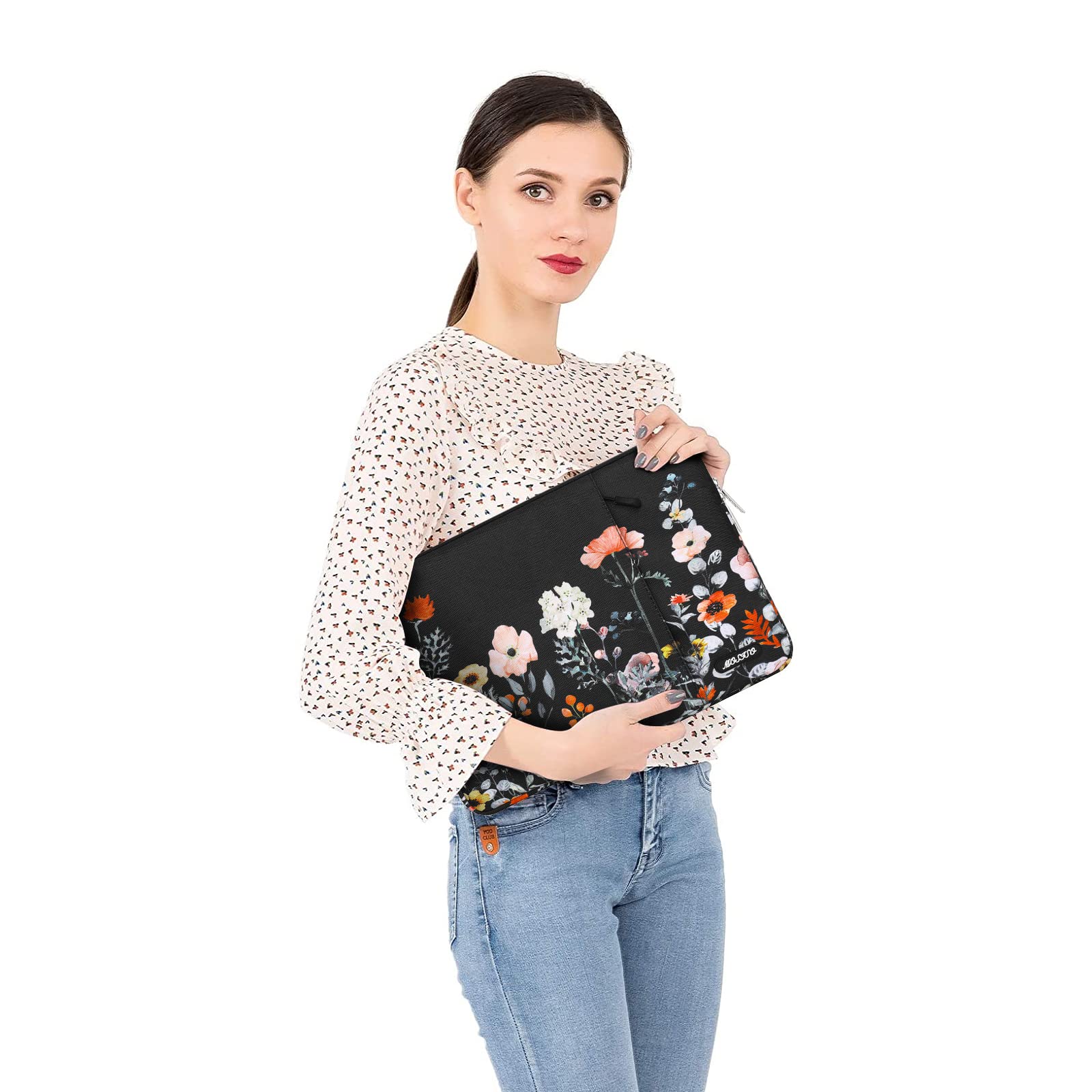 Premium MOSISO Laptop Sleeve for MacBook Air/Pro 13-13.3 inch & MacBook Pro 14 inch 2021-2023 (M1/M2 Models) - Stylish Garden Flowers Polyester Vertical Case with Protective Pocket (Black) - Perfect for Work, Travel & School Commute