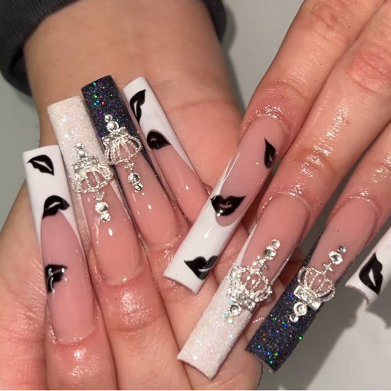 24pcs Kawaii Press on Nails - Y2K False Nails Set with Rhinestone & Acrylic Designs | Reusable French Long Fake Tips for Parties, Weddings & Special Occasions
