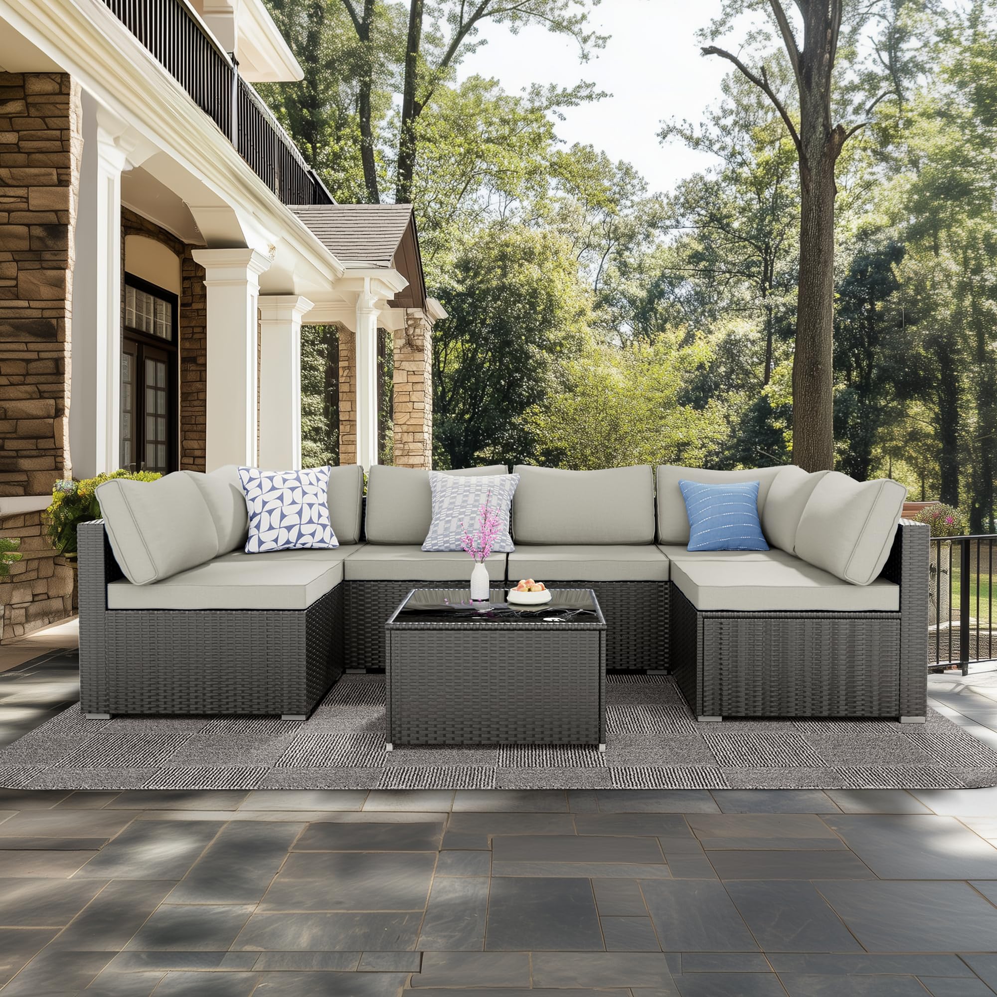 7-Piece Skyfish Patio Furniture Set - Outdoor Wicker Rattan Sectional Sofa with Cushions & Glass Table, Modular Conversation Set for Porch, Poolside, Backyard, Garden or Deck (Weather-Resistant)