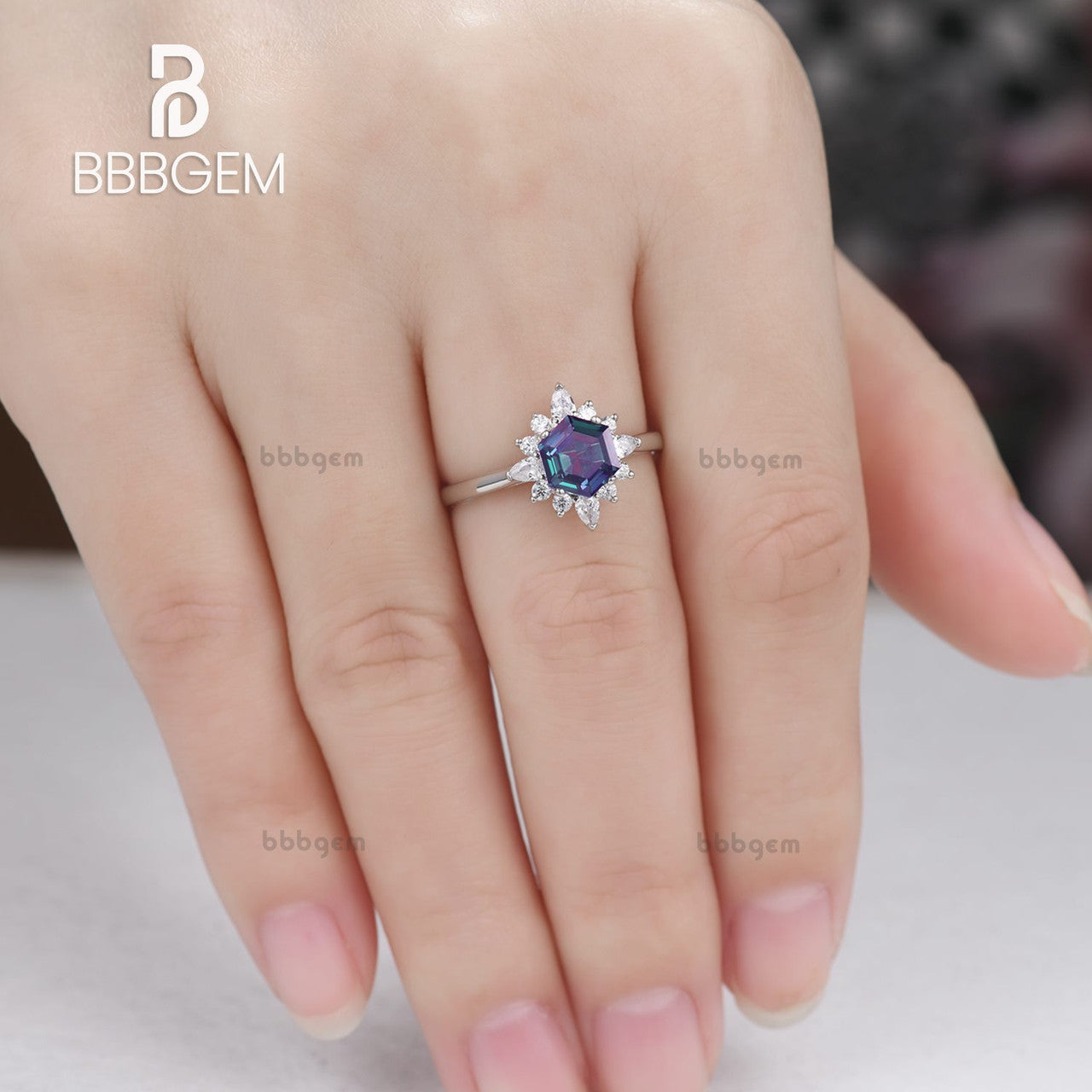 Vintage Floral Hexagon Alexandrite & Diamond Engagement Ring in 14K White Gold - Perfect for Proposals, Anniversaries & Special Occasions